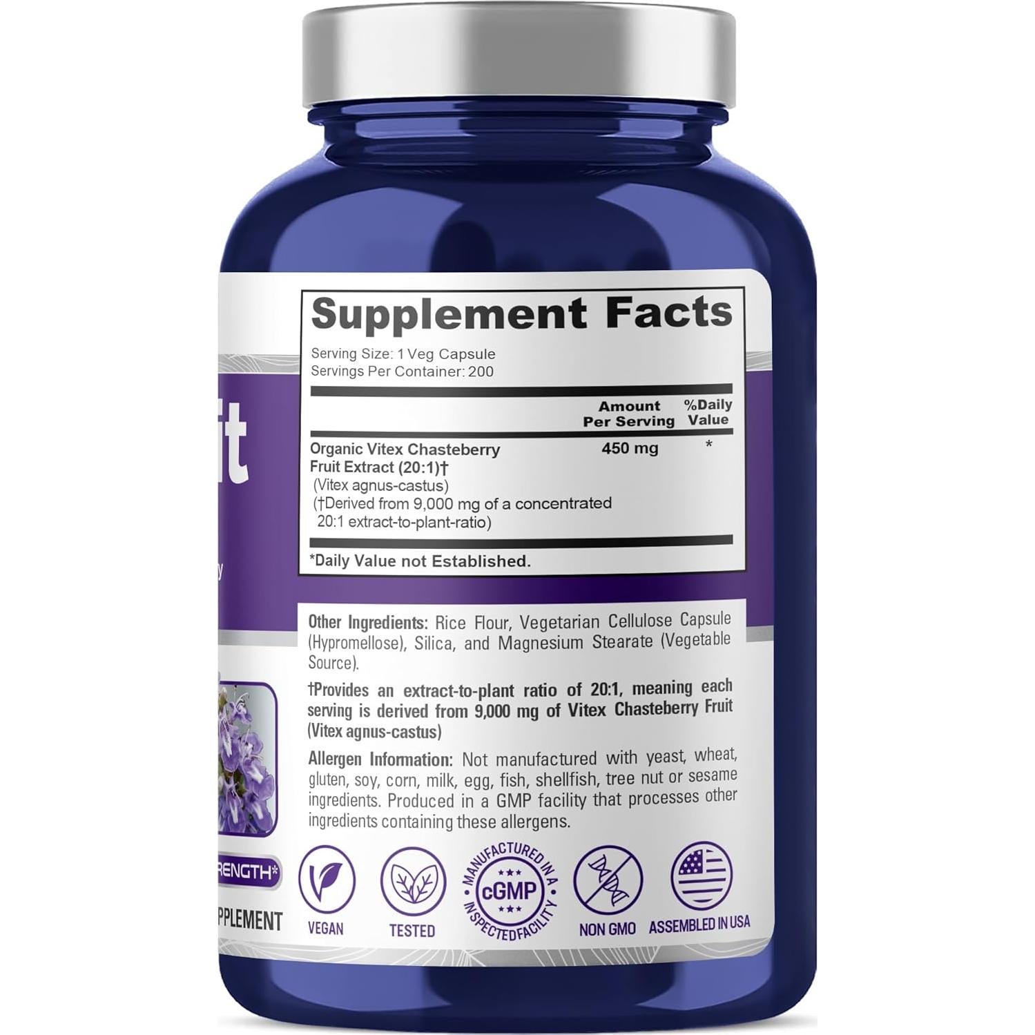 Extracto de Vitex Chasteberry 20:1 NusaPure 450 mg 200 Cápsulas Veganas