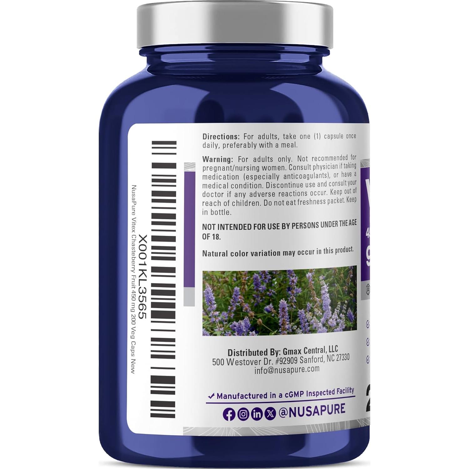 Extracto de Vitex Chasteberry 20:1 NusaPure 450 mg 200 Cápsulas Veganas