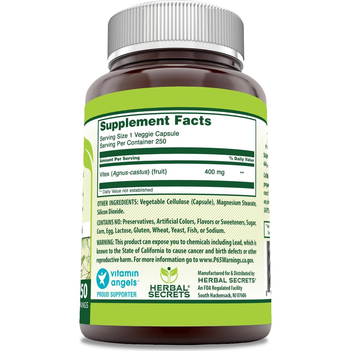 Suplemento de Fruto de Vitex Herbal Secrets 400 mg 250 Cápsulas Veganas