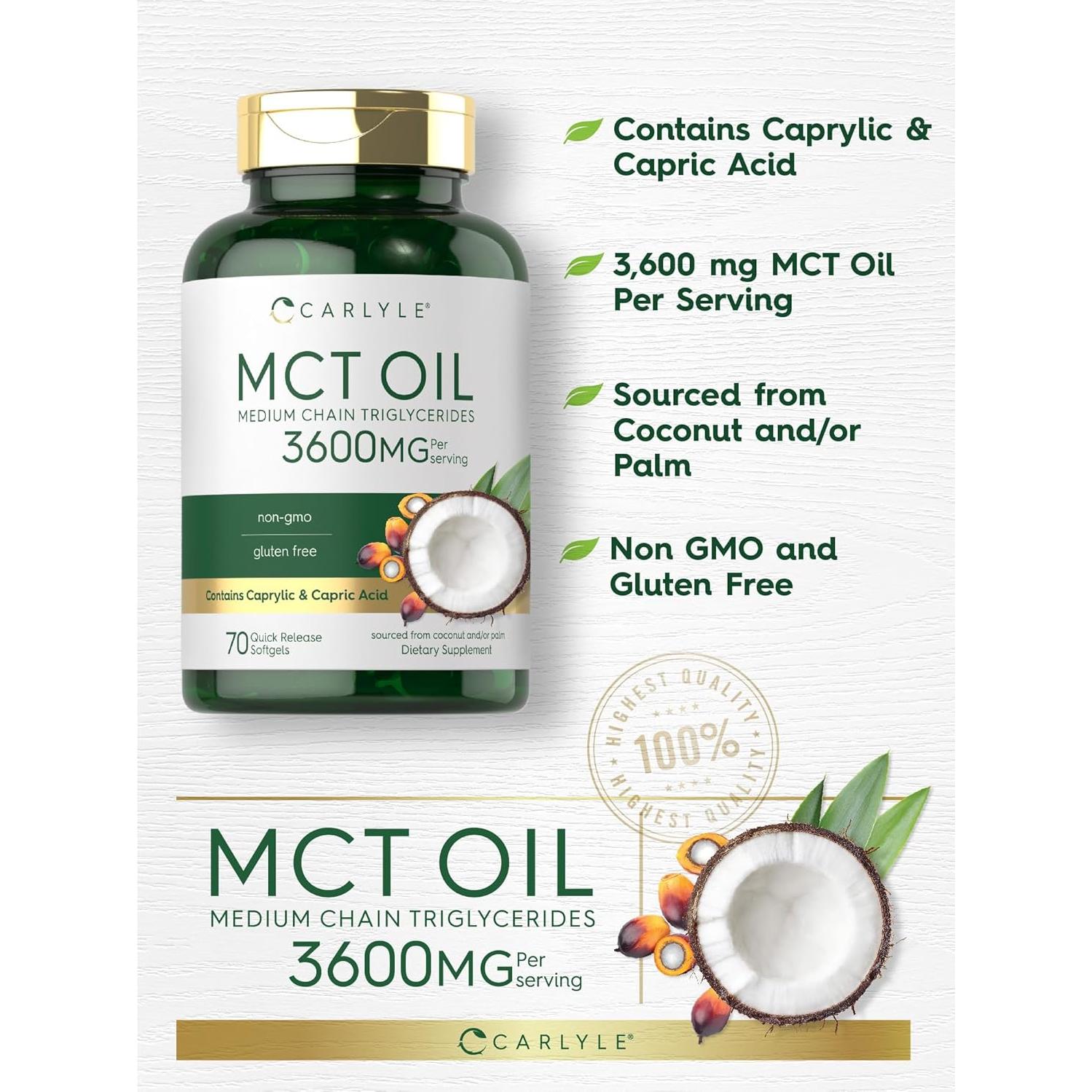 Cápsulas de Aceite MCT Carlyle 3600mg | 70 Gelatinas Blandas | Keto