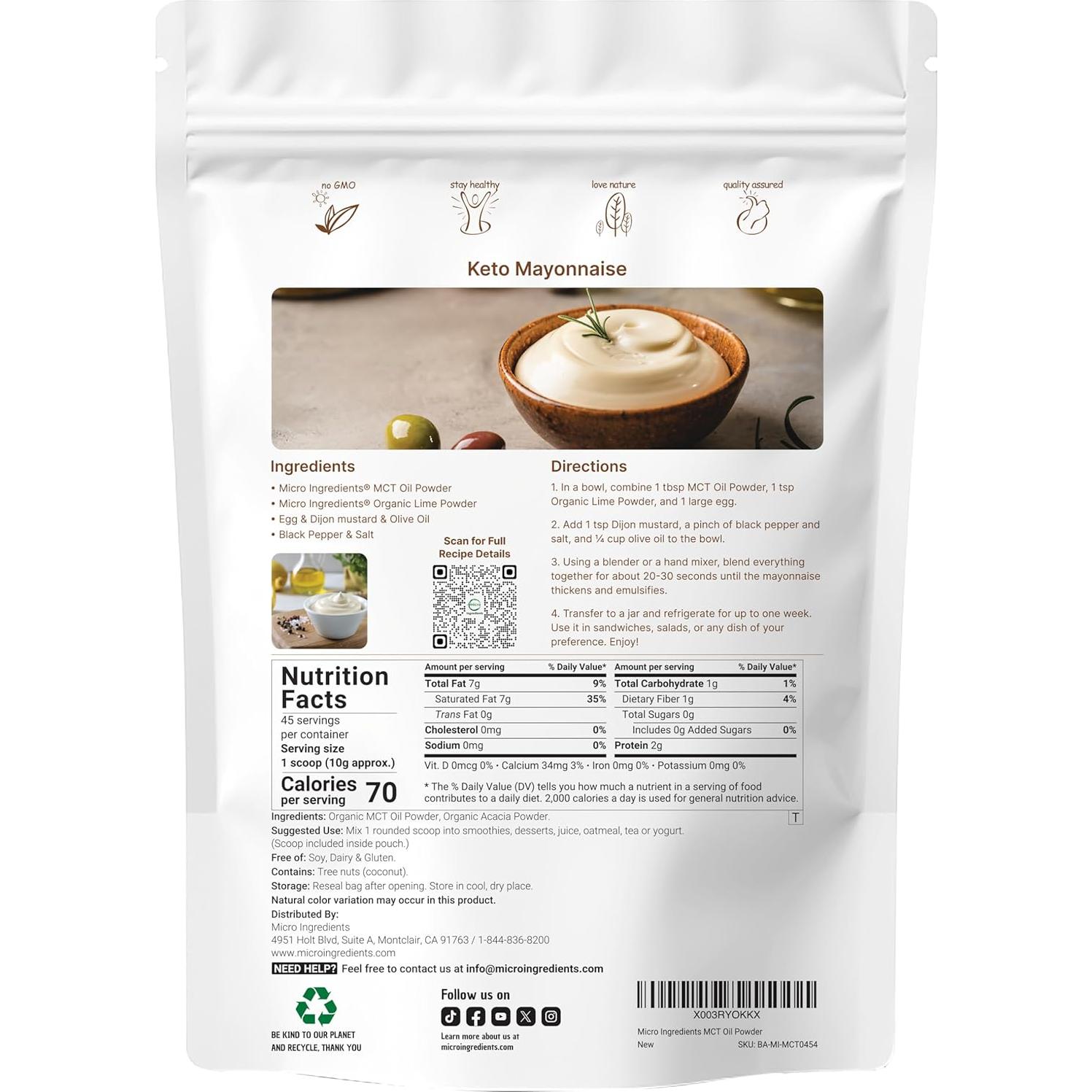 Polvo de Aceite MCT Orgánico Micro Ingredients 450g Keto