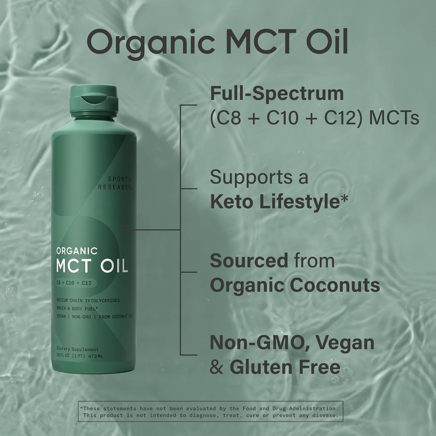 Aceite MCT Orgánico Sports Research 946ml C8 C10 C12 Keto Vegano