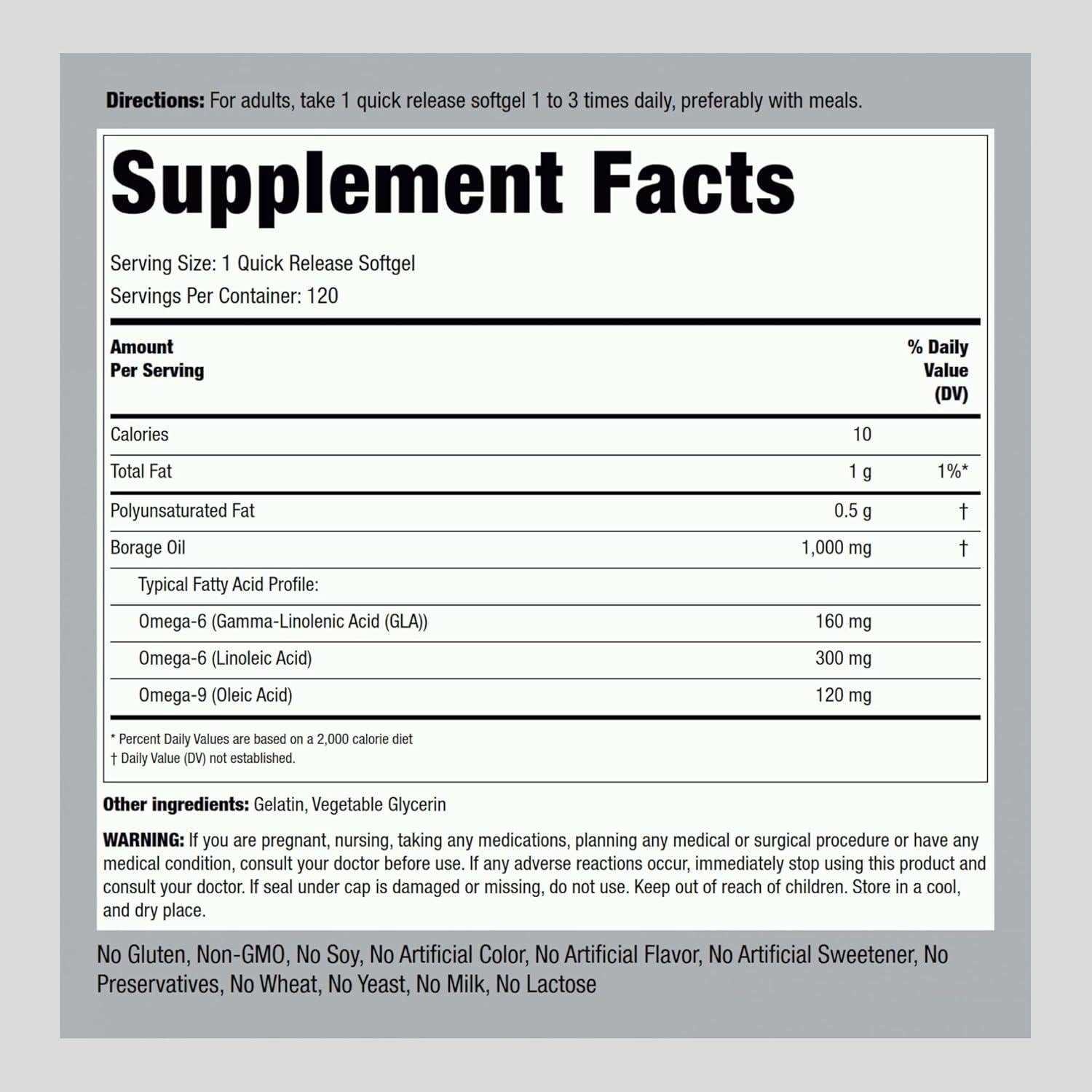 Suplemento Aceite de Borraja Piping Rock 1000 mg 120 Cápsulas
