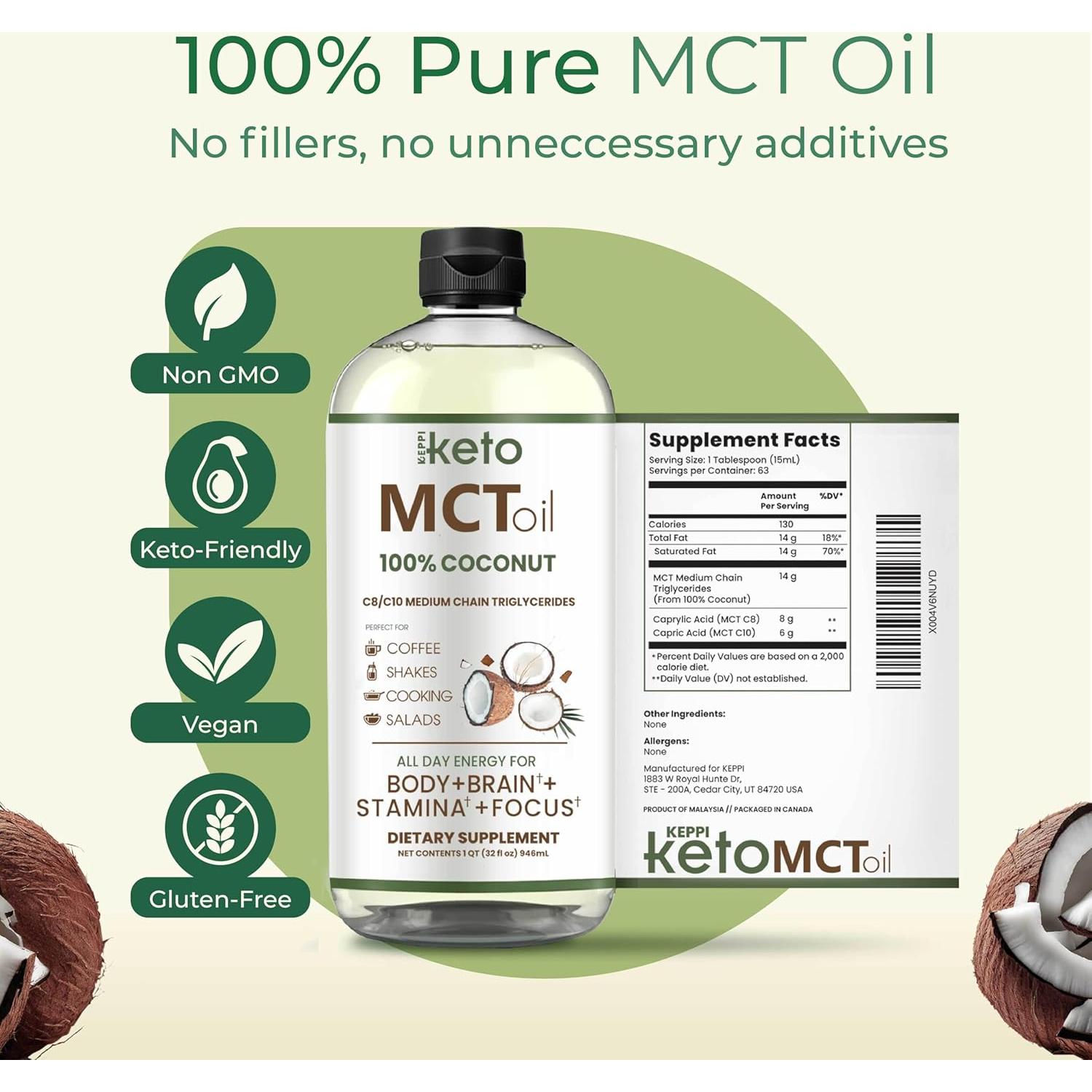 Aceite MCT Keppi 100% Coco Sin Sabor 32 oz Vegano Kosher
