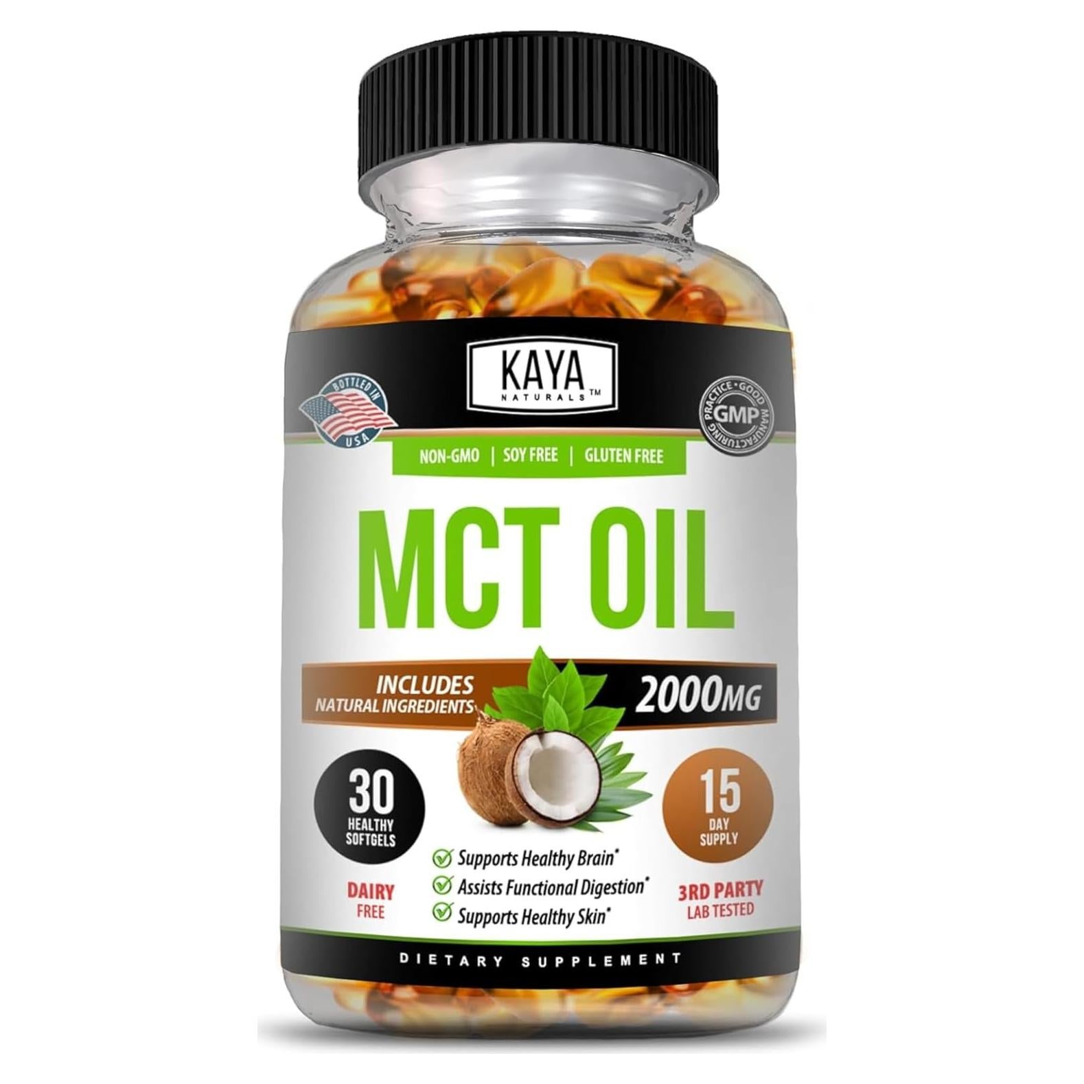 Cápsulas Blandas de Aceite MCT Kaya Naturals 2000mg - Sin OGM, Soja y Gluten