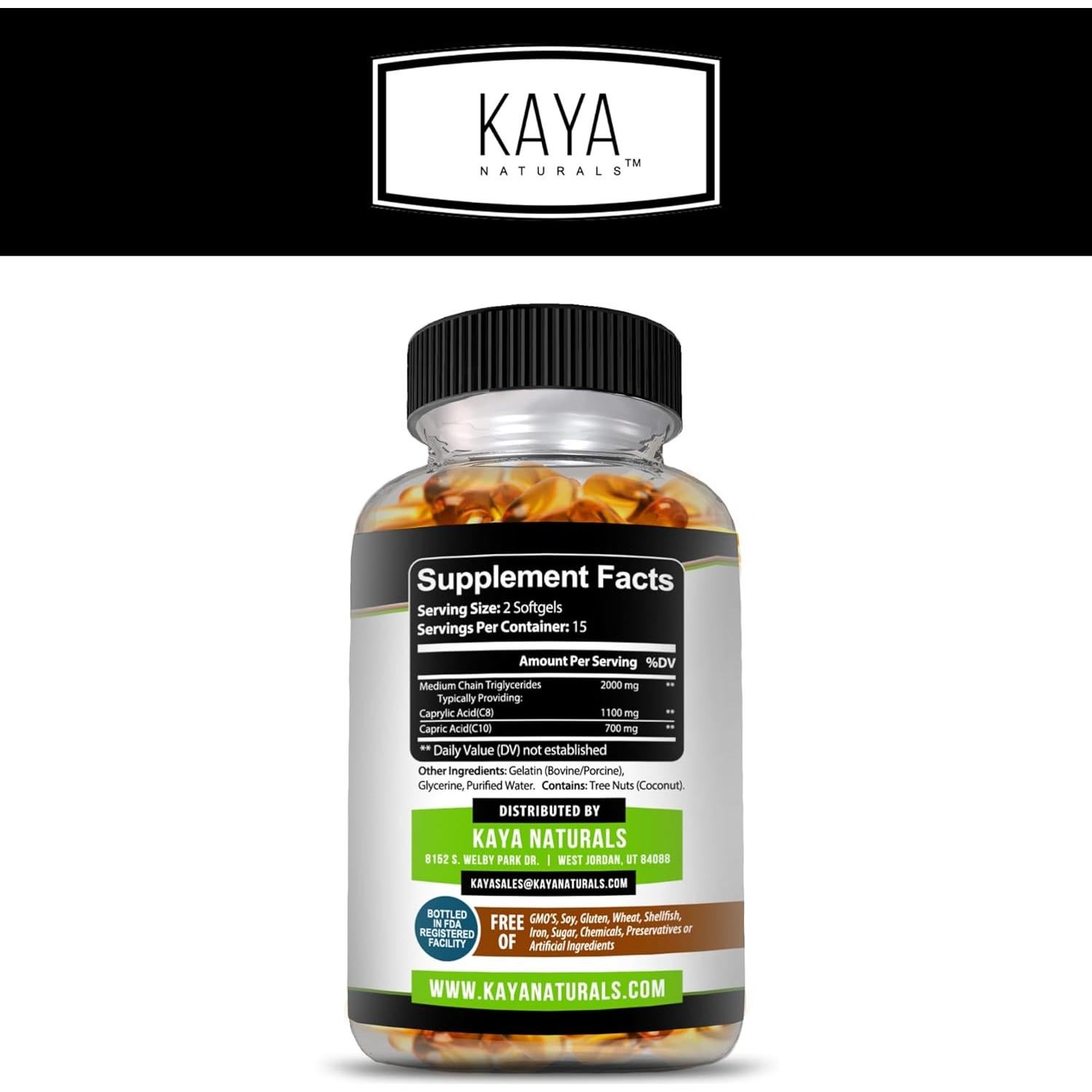 Cápsulas Blandas de Aceite MCT Kaya Naturals 2000mg - Sin OGM, Soja y Gluten