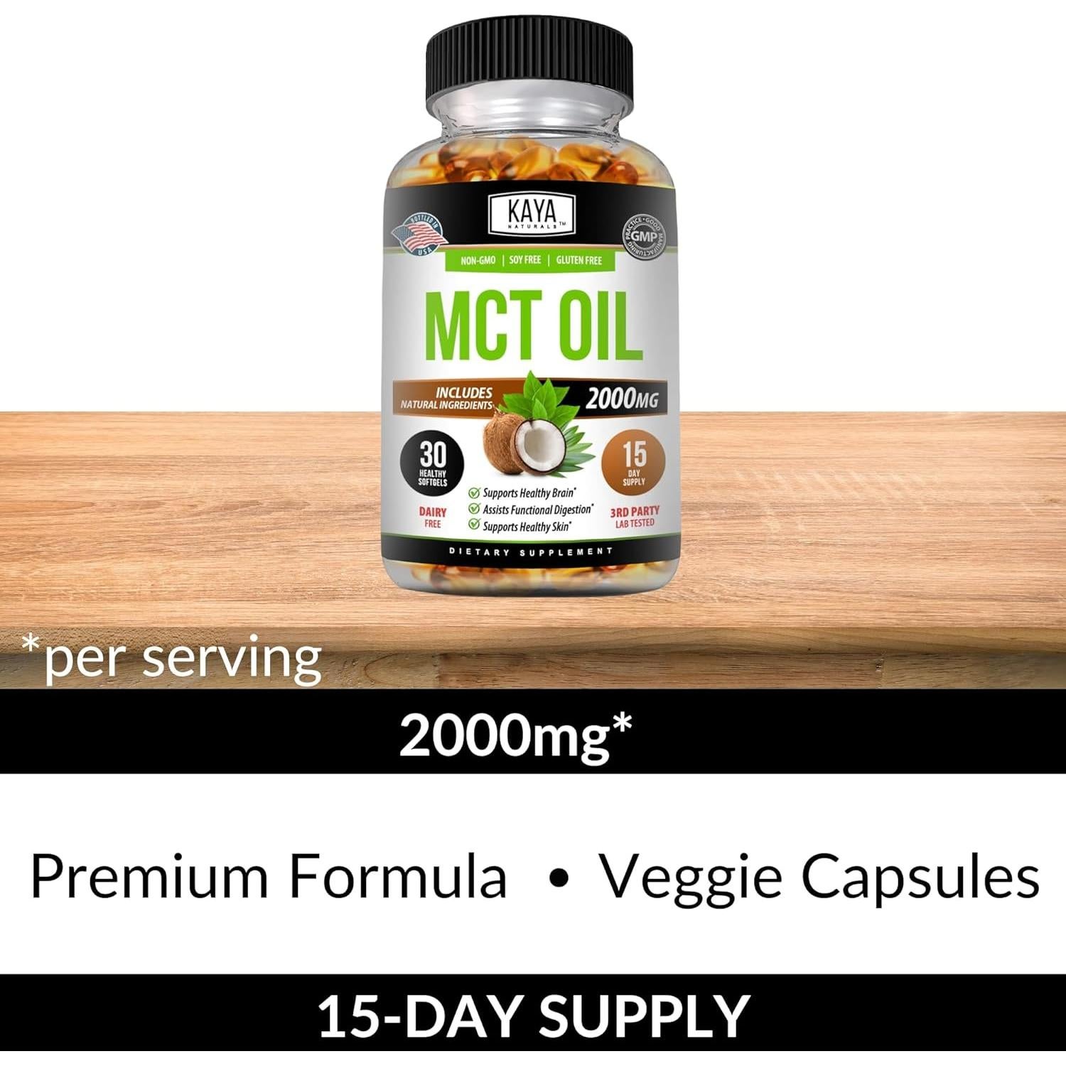 Cápsulas Blandas de Aceite MCT Kaya Naturals 2000mg - Sin OGM, Soja y Gluten