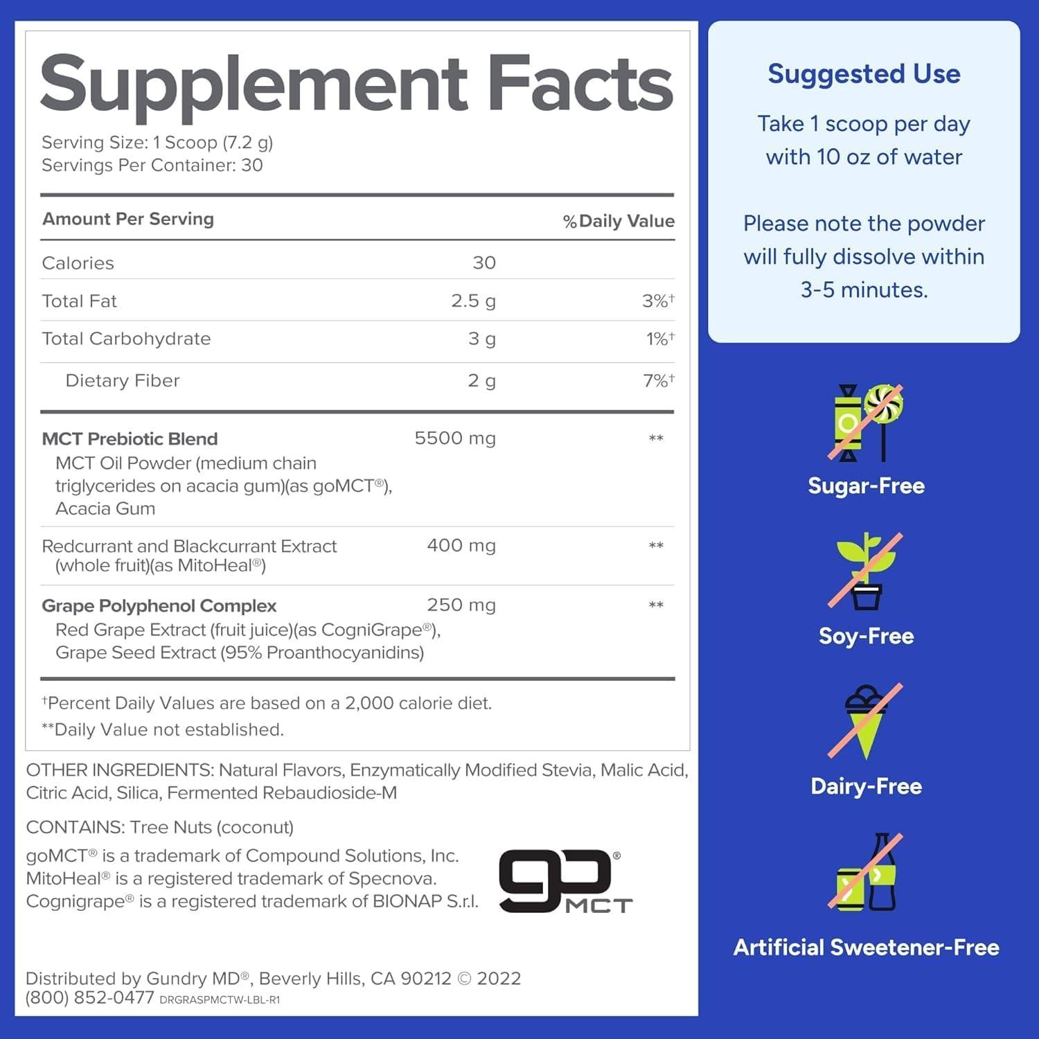 Gundry MD MCT Wellness Powder 216g Sabor Frambuesa Keto