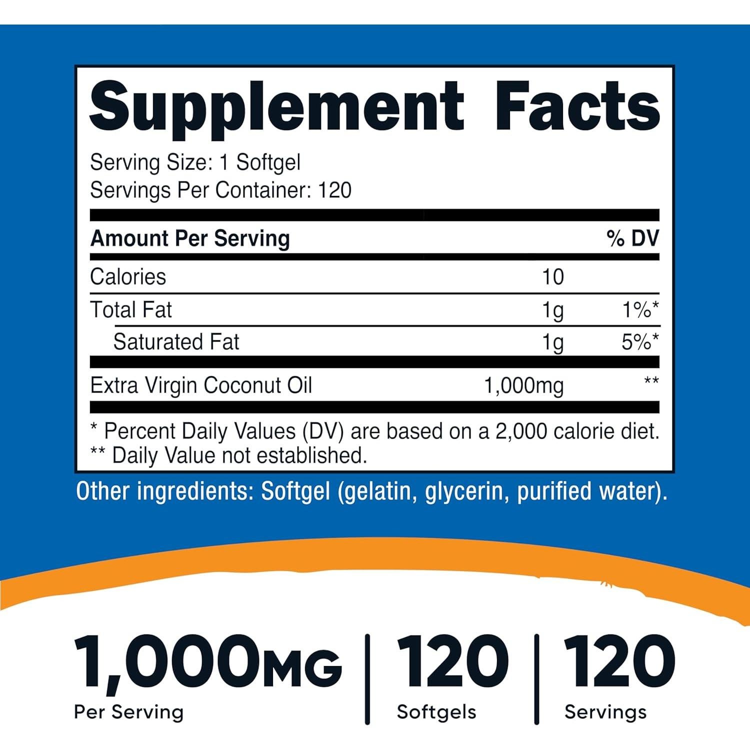 Gelatinas de Aceite de Coco Nutricost 1000mg 120 Gelatinas