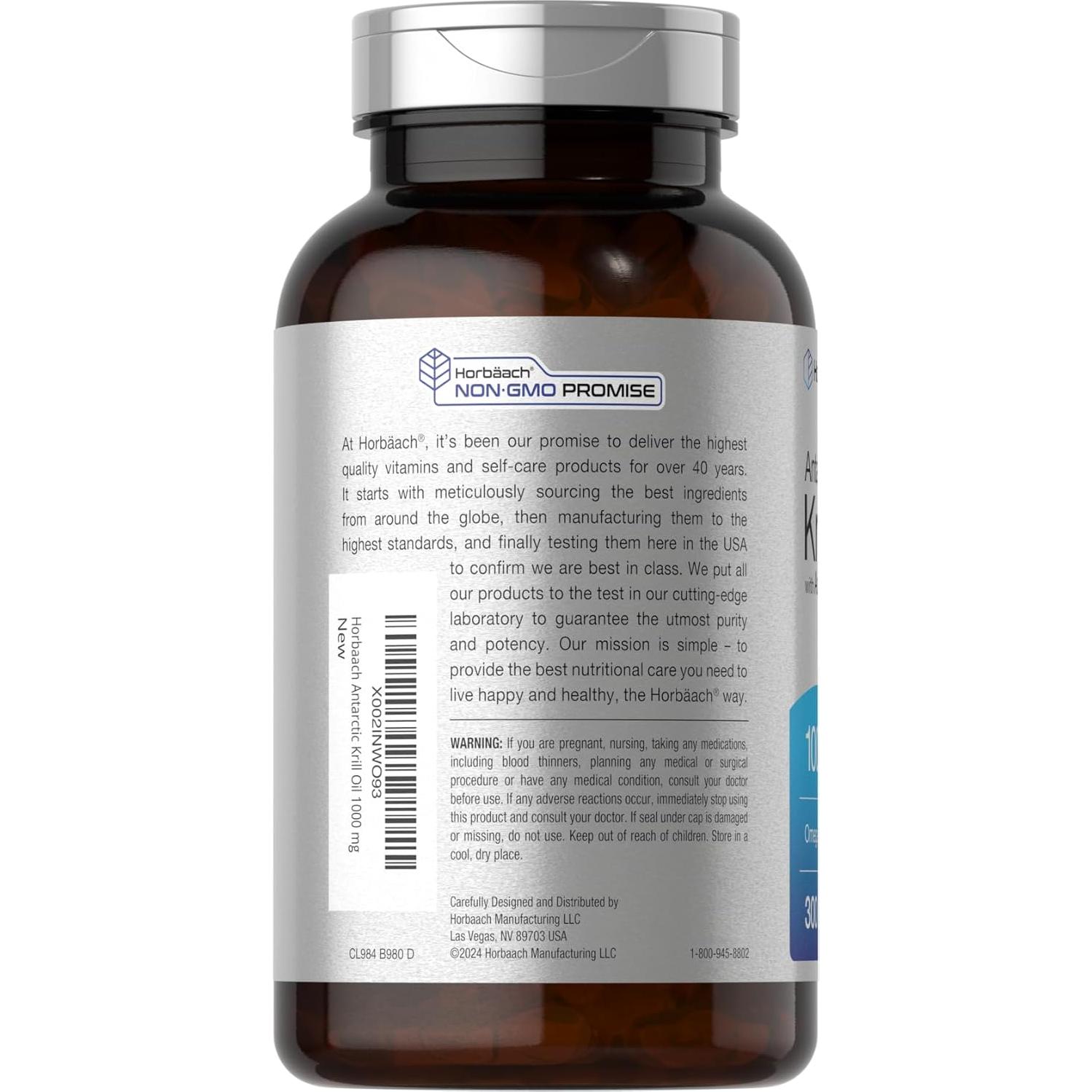 Aceite de Krill Antártico Horbaach 1000mg 300 Cápsulas Omega 3