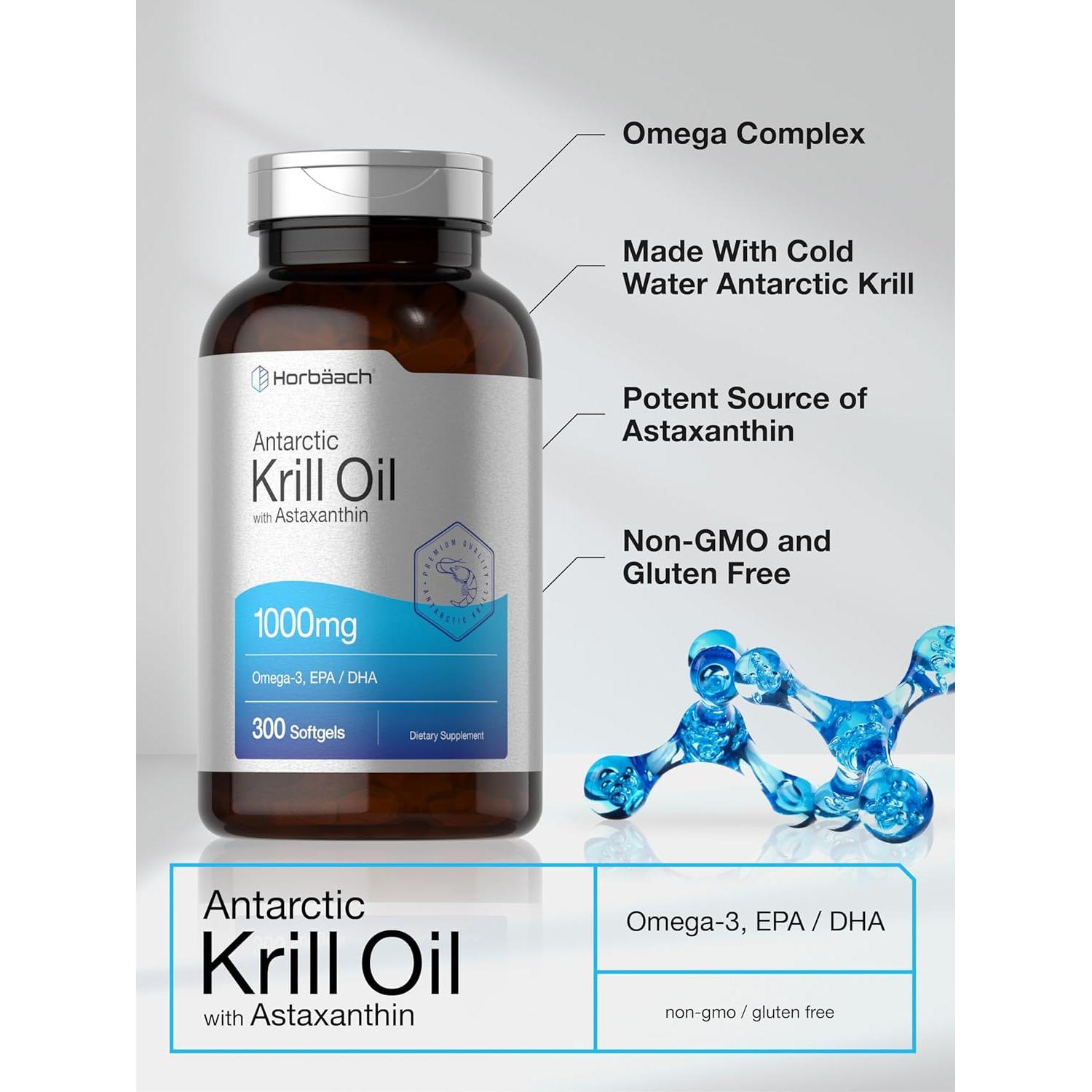 Aceite de Krill Antártico Horbaach 1000mg 300 Cápsulas Omega 3