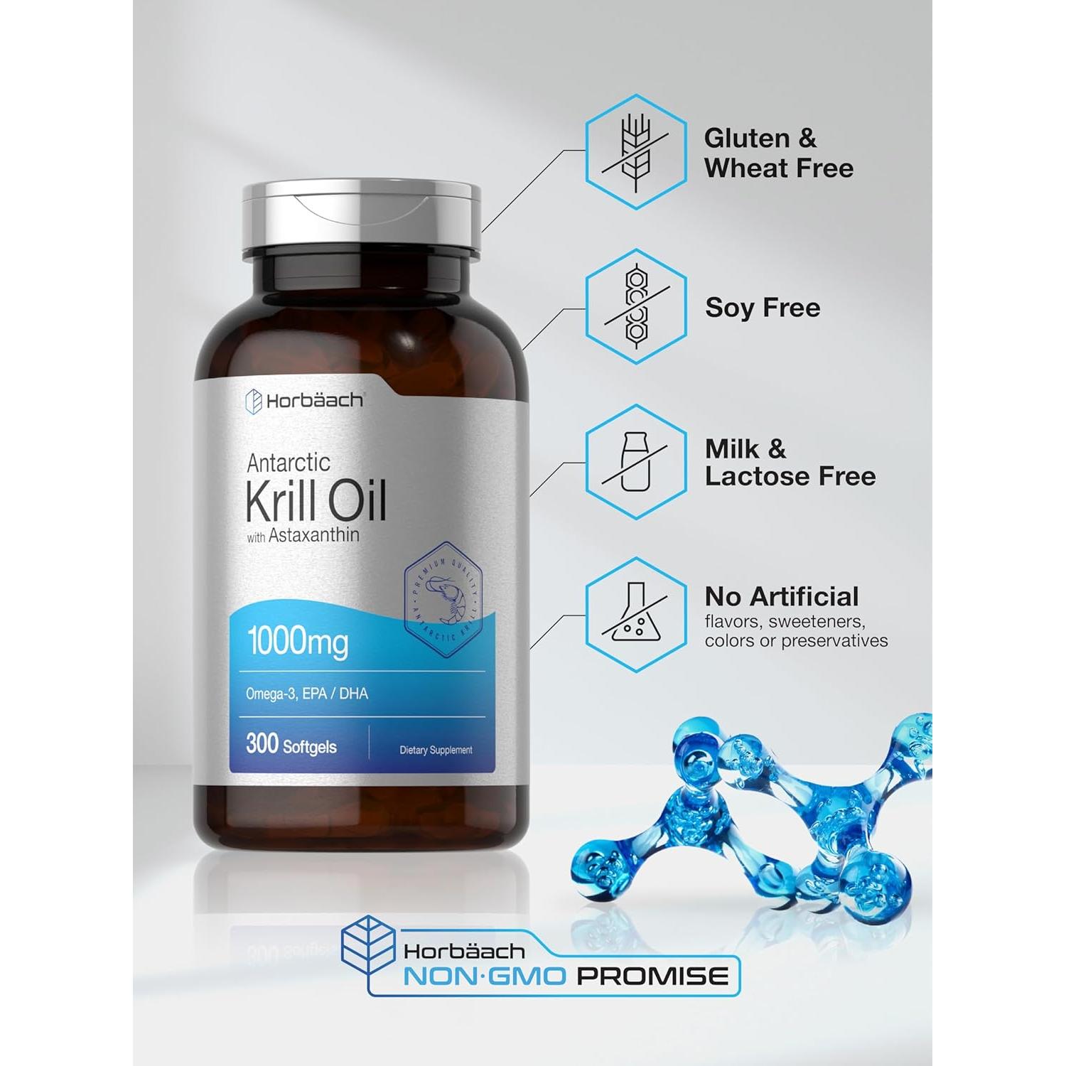 Aceite de Krill Antártico Horbaach 1000mg 300 Cápsulas Omega 3