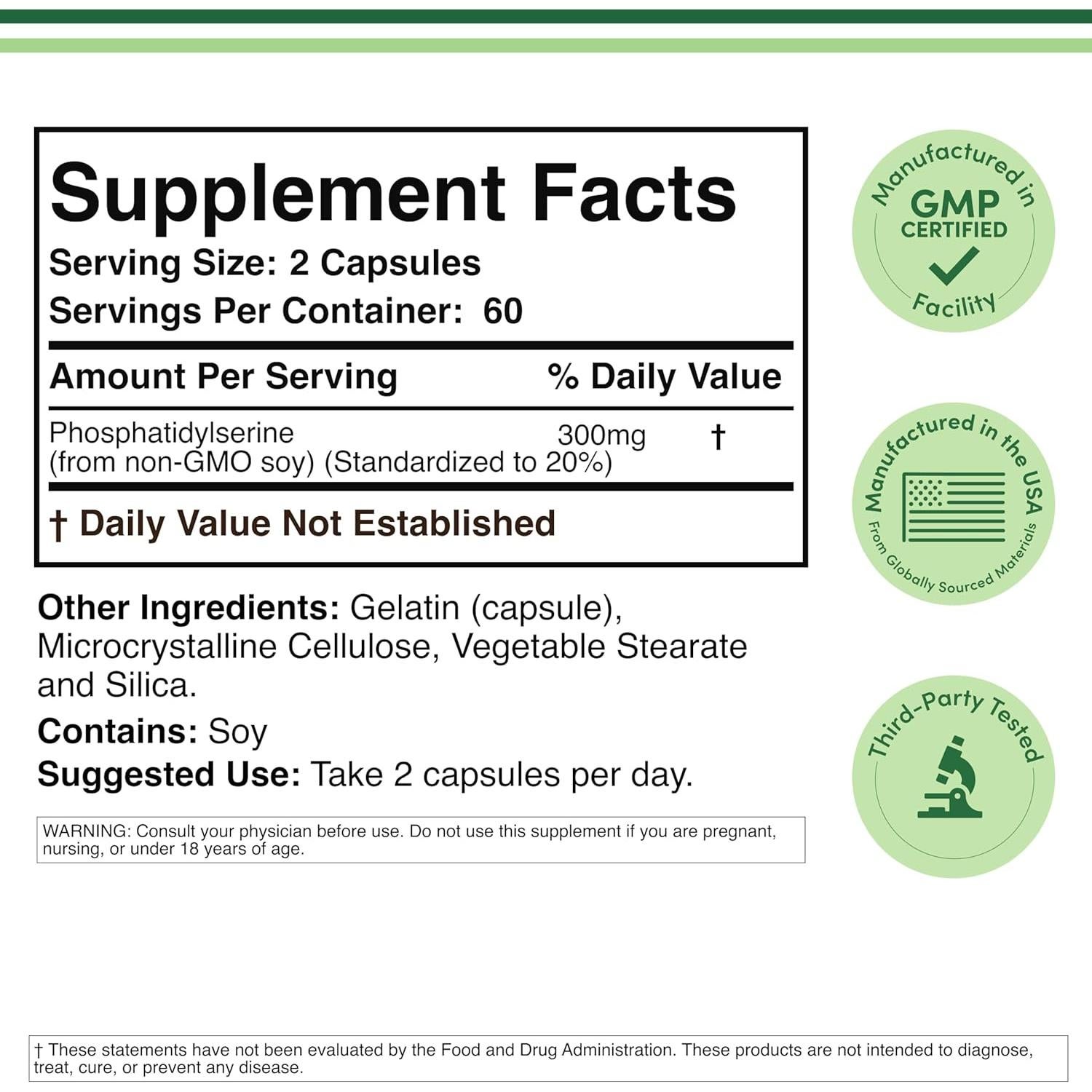Suplemento Fosfatidilserina 300mg Double Wood 120 Cápsulas