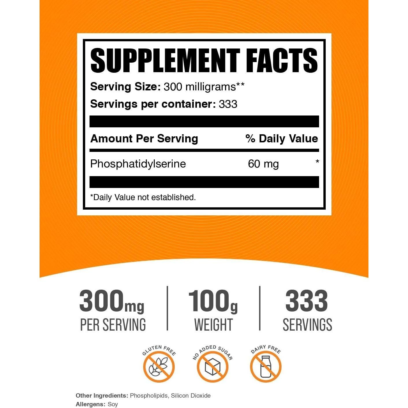 Polvo de Fosfatidilserina BulkSupplements 100g - 300mg por Porción