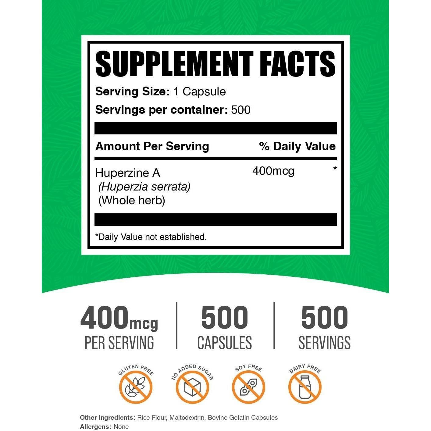 Cápsulas de Huperzina A 400mcg BulkSupplements - 500 Conteo