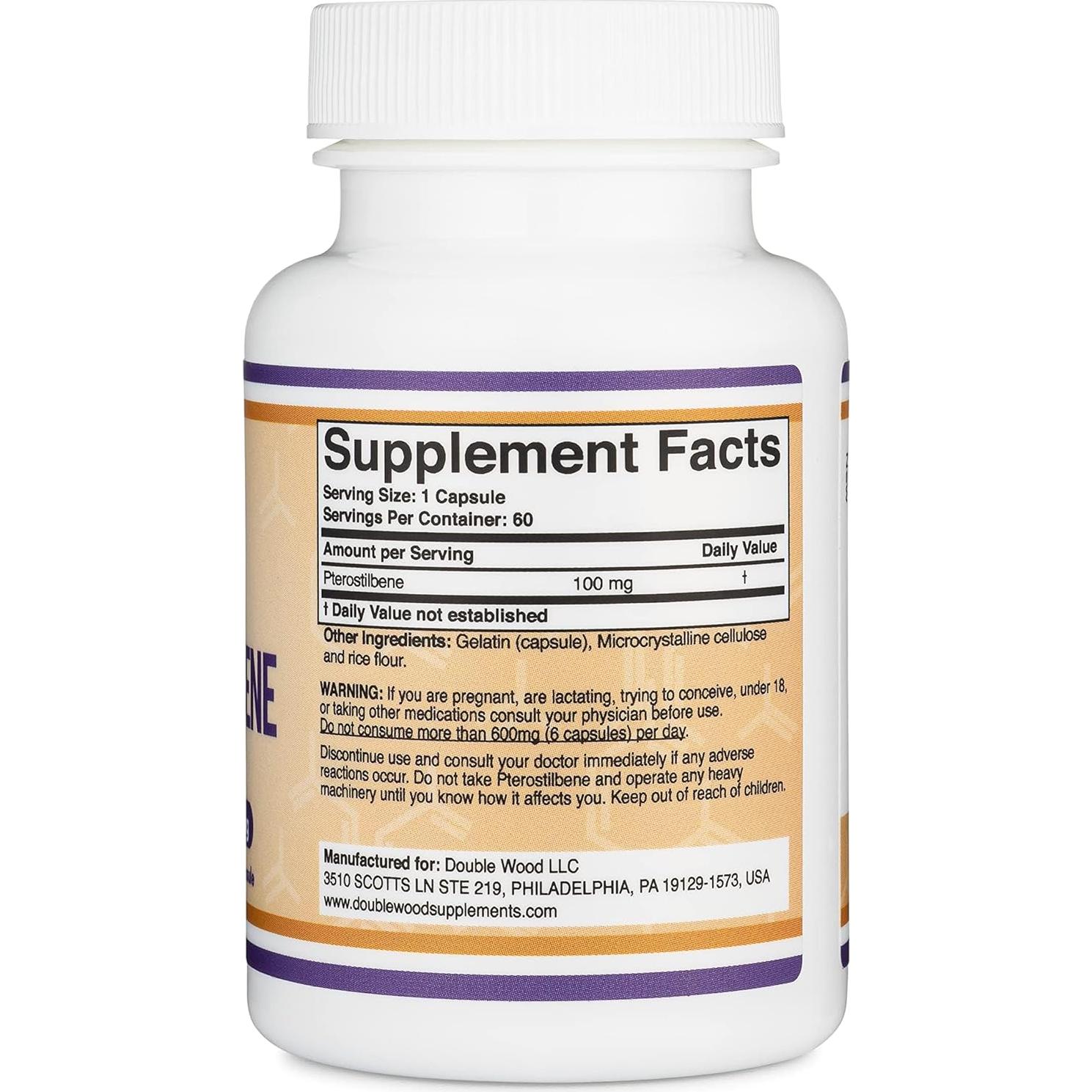 Suplemento de Pterostilbeno 100mg Double Wood 60 Cápsulas