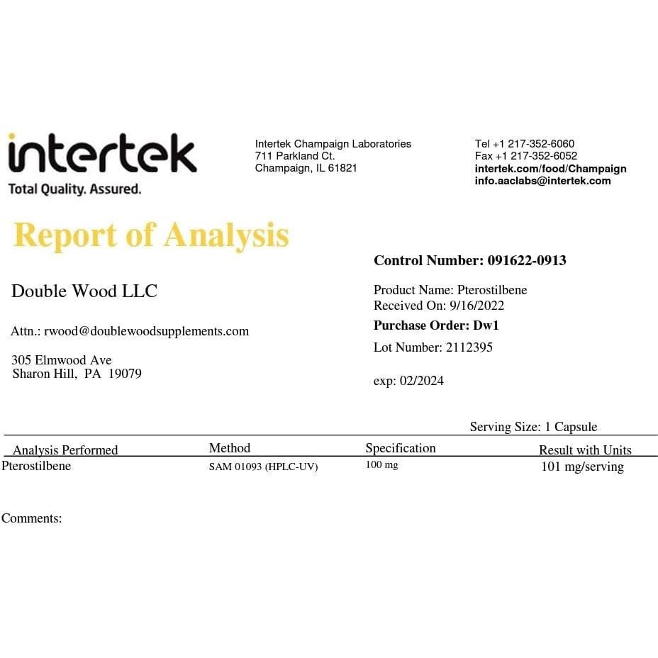 Suplemento de Pterostilbeno 100mg Double Wood 60 Cápsulas