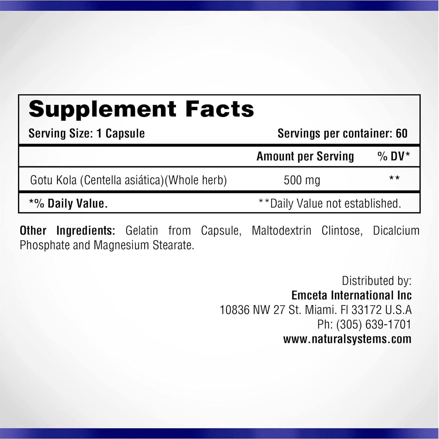 Centella Asiatica 500 mg 60 Cápsulas Sistemas Naturales