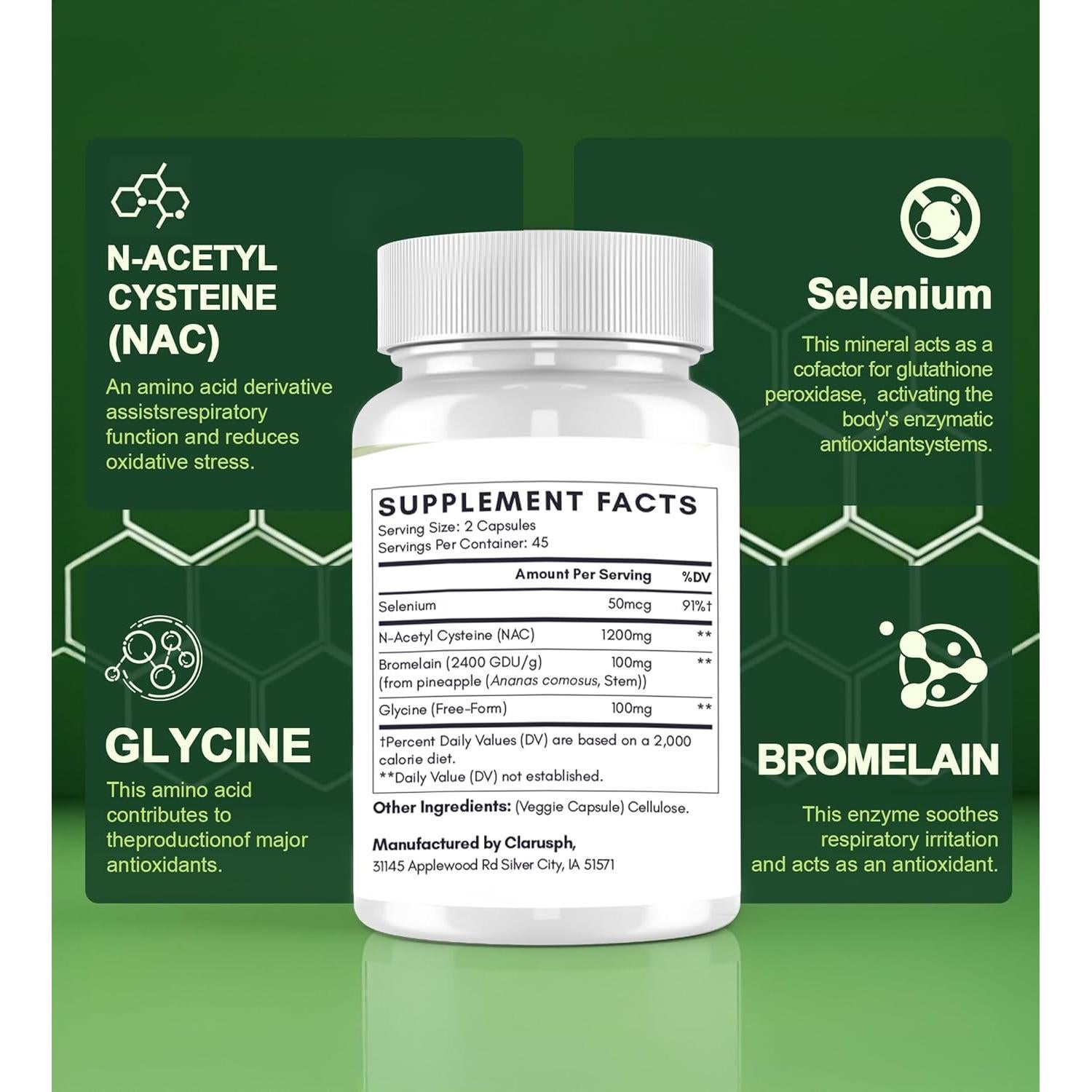 Suplemento NAC 1200mg Clarusph - Antioxidante Respiratorio 90 Cápsulas