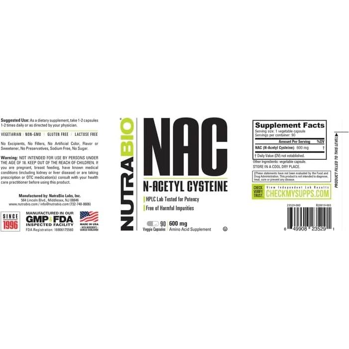 Suplemento N-Acetil Cisteína NutraBio 90 Cápsulas 600mg