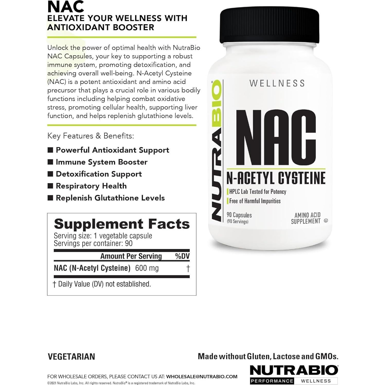 Suplemento N-Acetil Cisteína NutraBio 90 Cápsulas 600mg