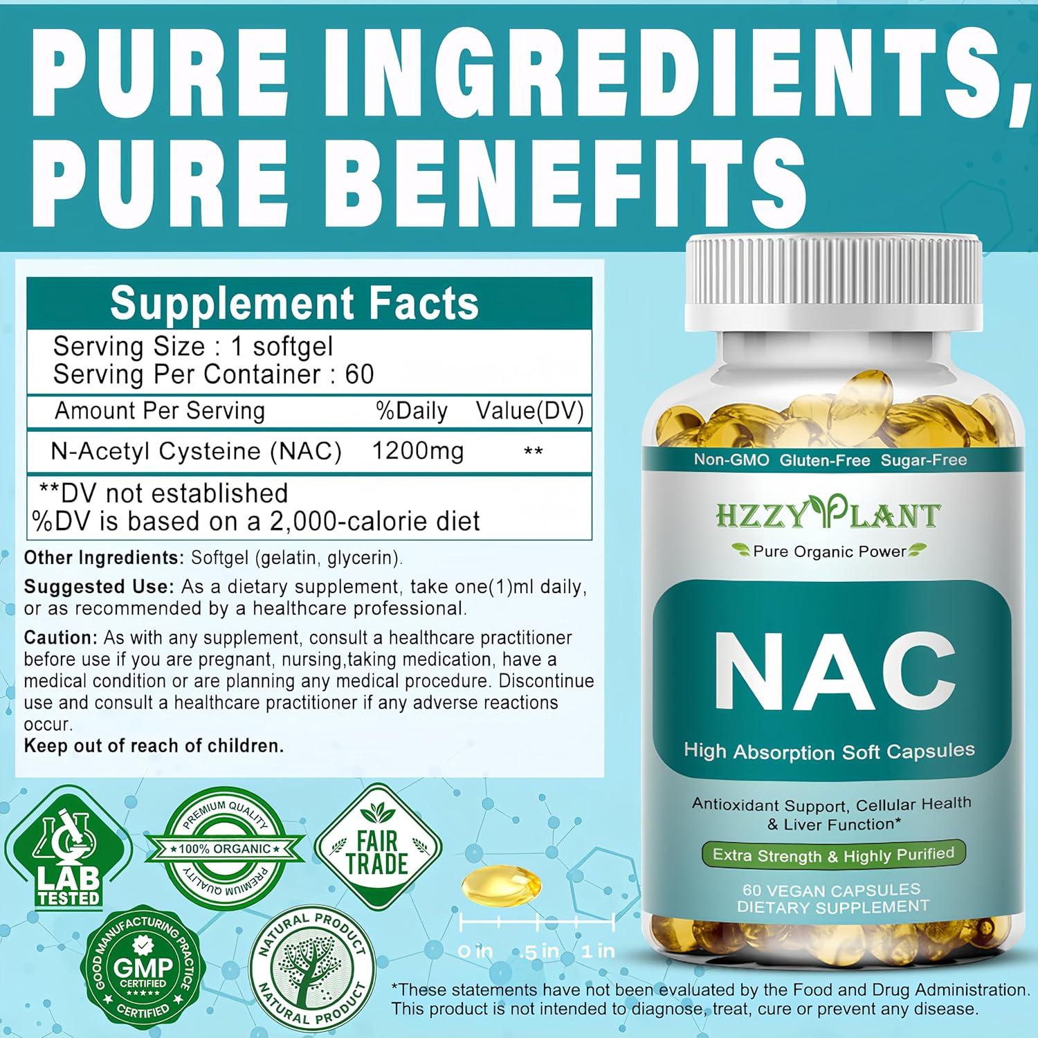 Suplemento NAC HZZYPLANT 1200mg - Cápsulas blandas veganas