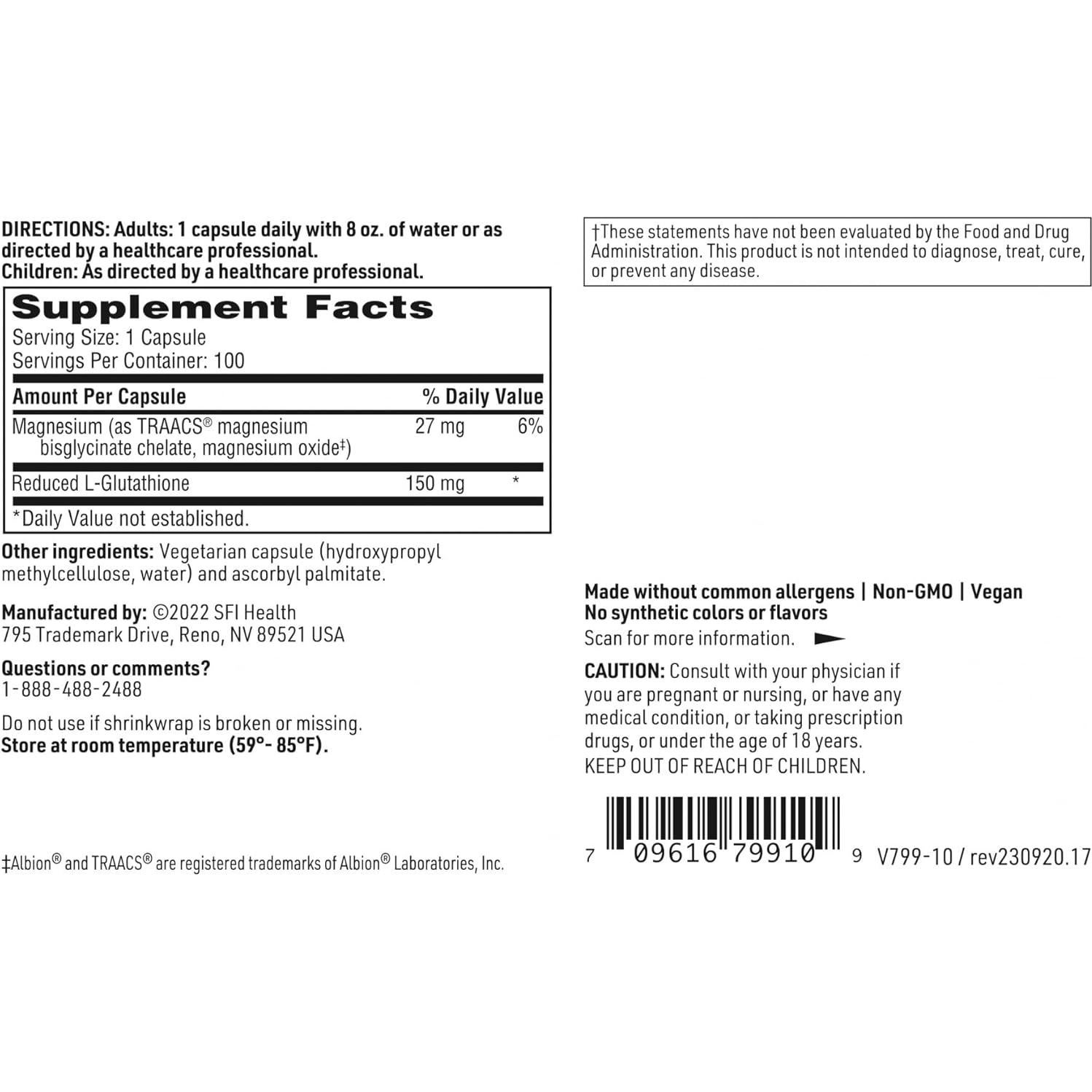 Suplemento Antioxidante Klaire Labs Glutatión 150mg - 100 Cápsulas Hipoalergénicas