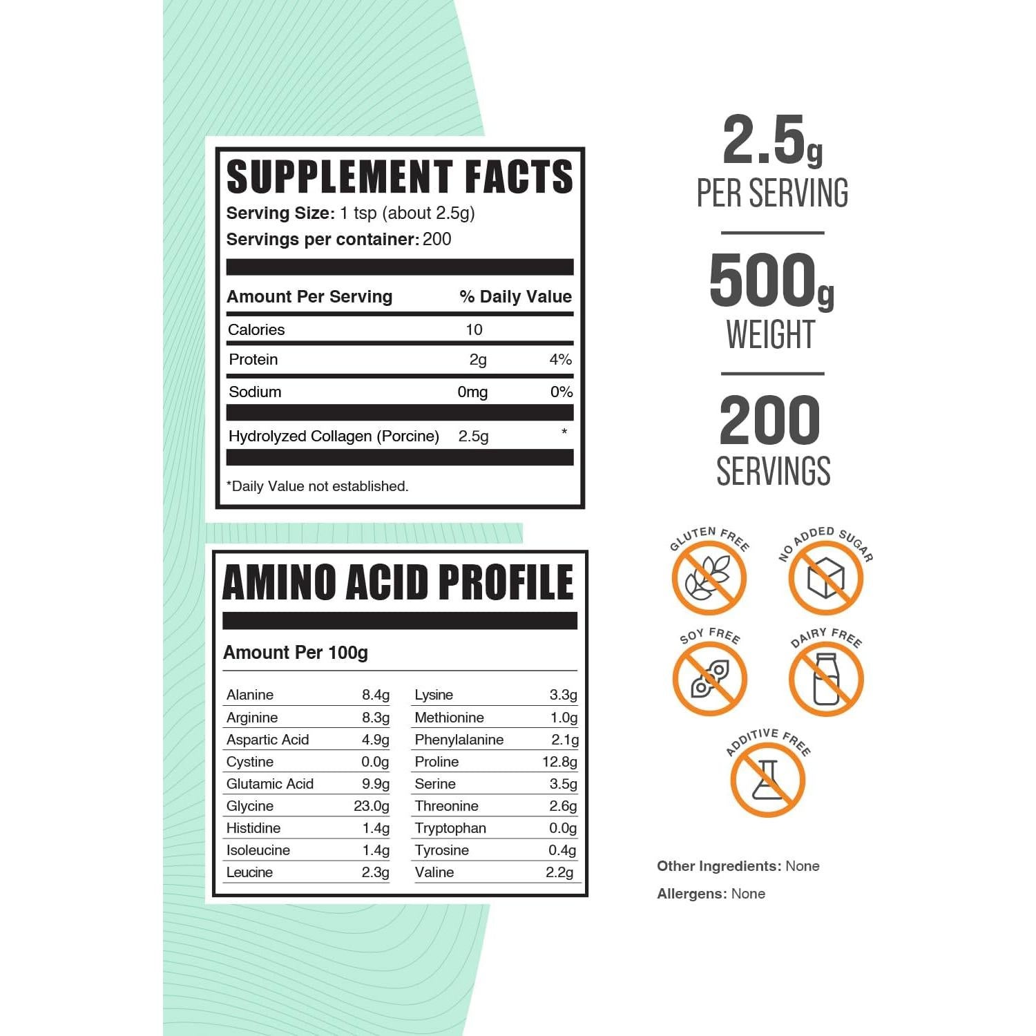 Polvo de Colágeno Porcino BulkSupplements 500g Hidrolizado