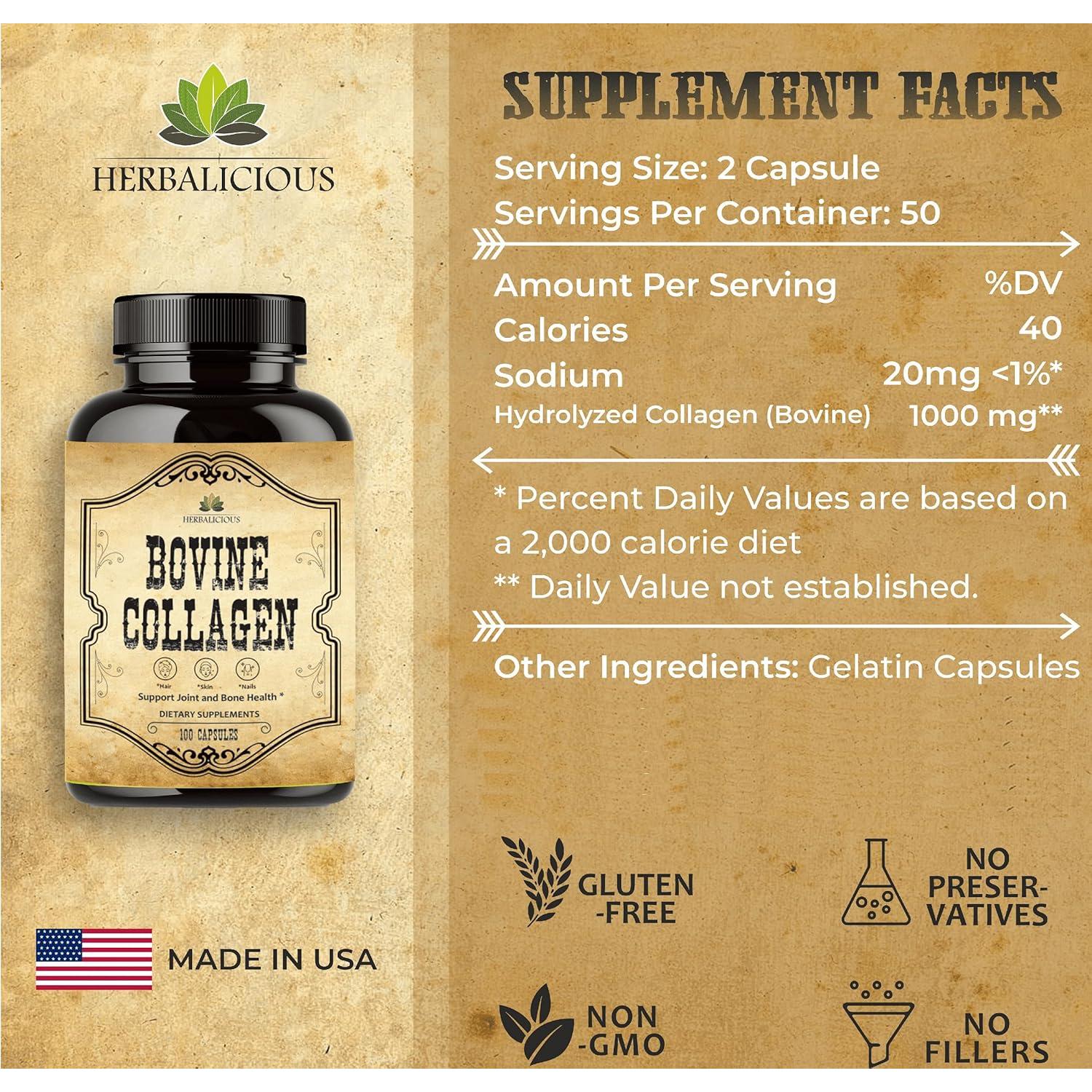 Colágeno Bovino HERBALICIOUS 100 Cápsulas - Soporte Articular