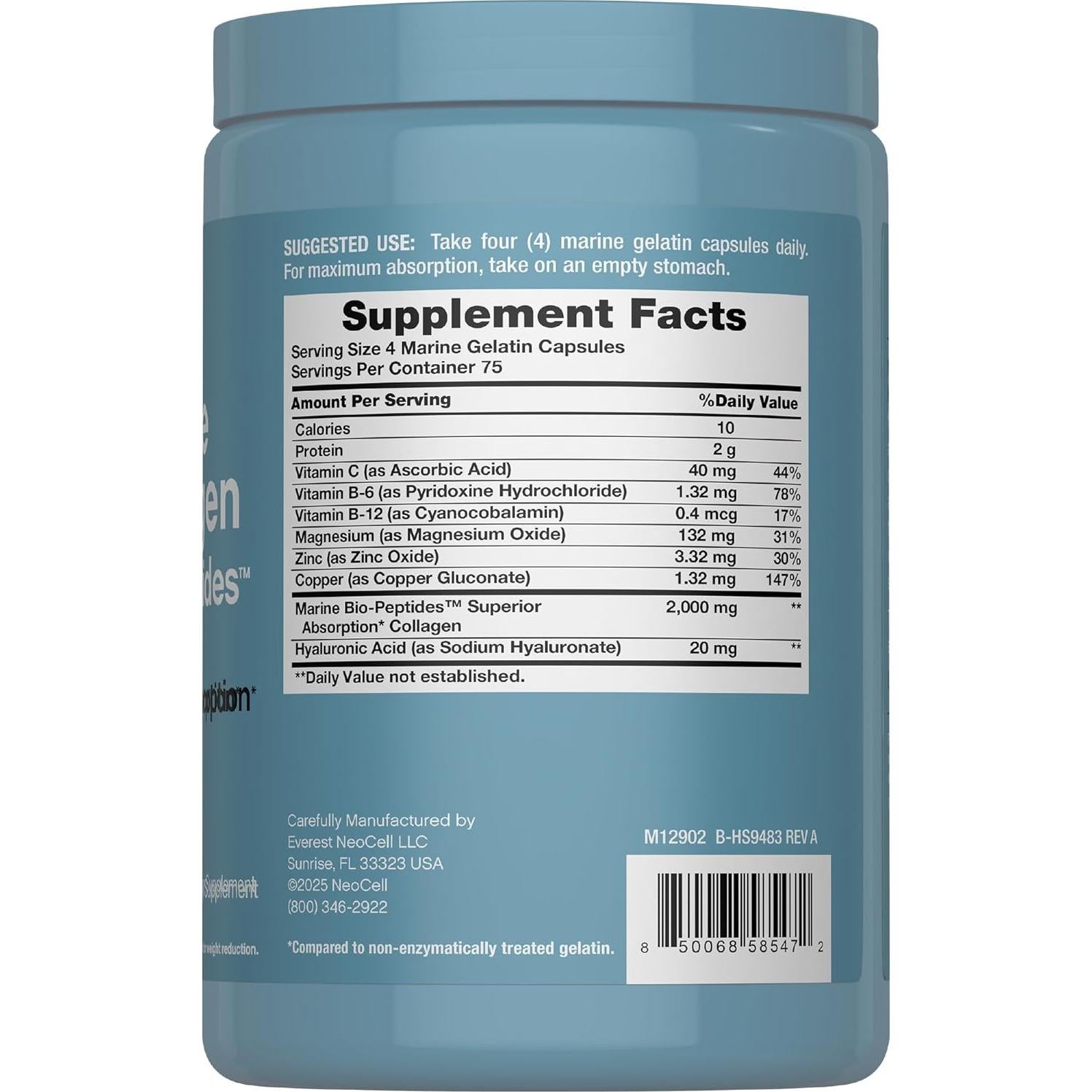 NeoCell Péptidos de Colágeno Marino 300 Cápsulas con Ácido Hialurónico