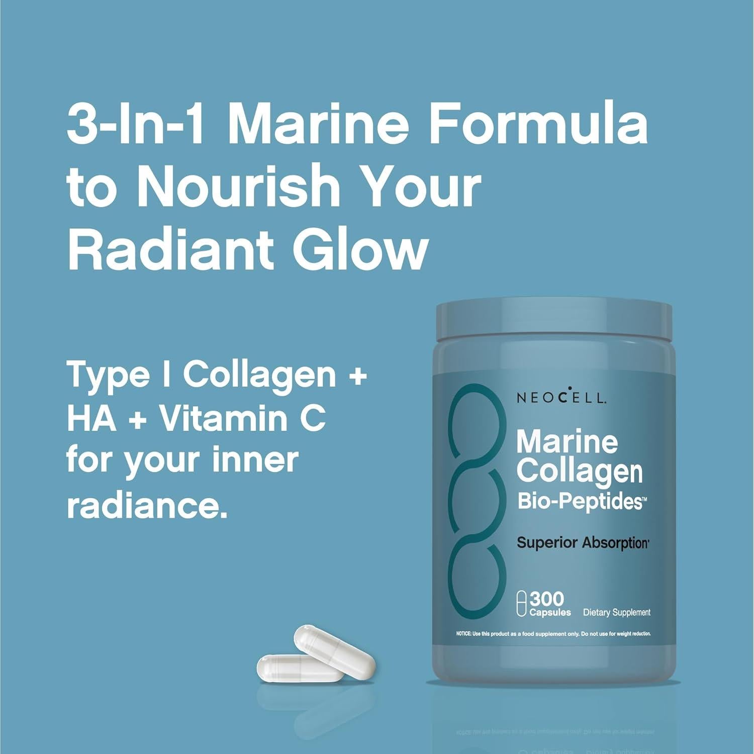 NeoCell Péptidos de Colágeno Marino 300 Cápsulas con Ácido Hialurónico