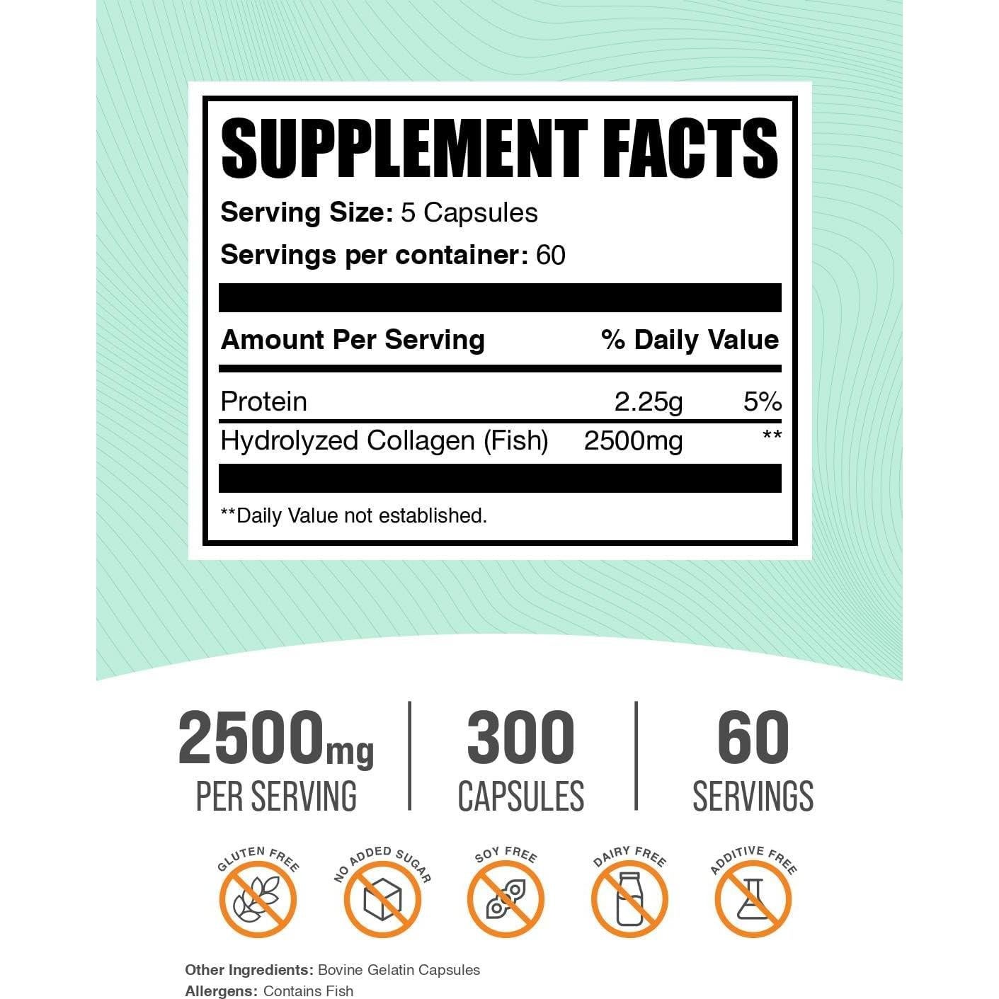 Cápsulas de Colágeno Marino BulkSupplements 300 Cápsulas 2500mg