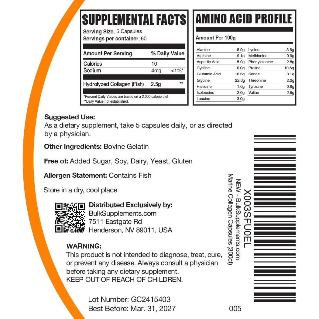 Cápsulas de Colágeno Marino BulkSupplements 300 Cápsulas 2500mg