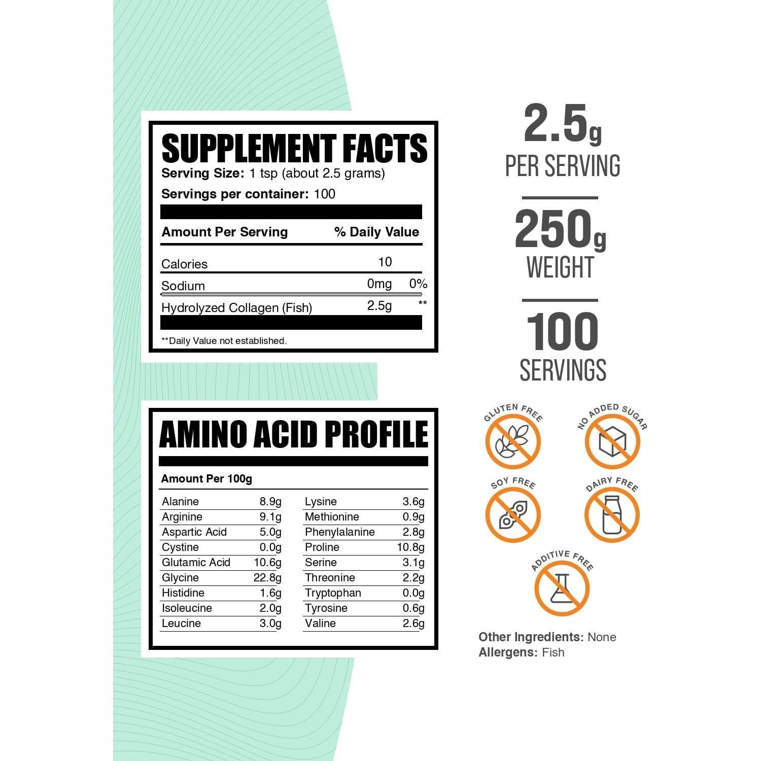 Polvo de Colágeno Marino BulkSupplements 250g Hidrolizado