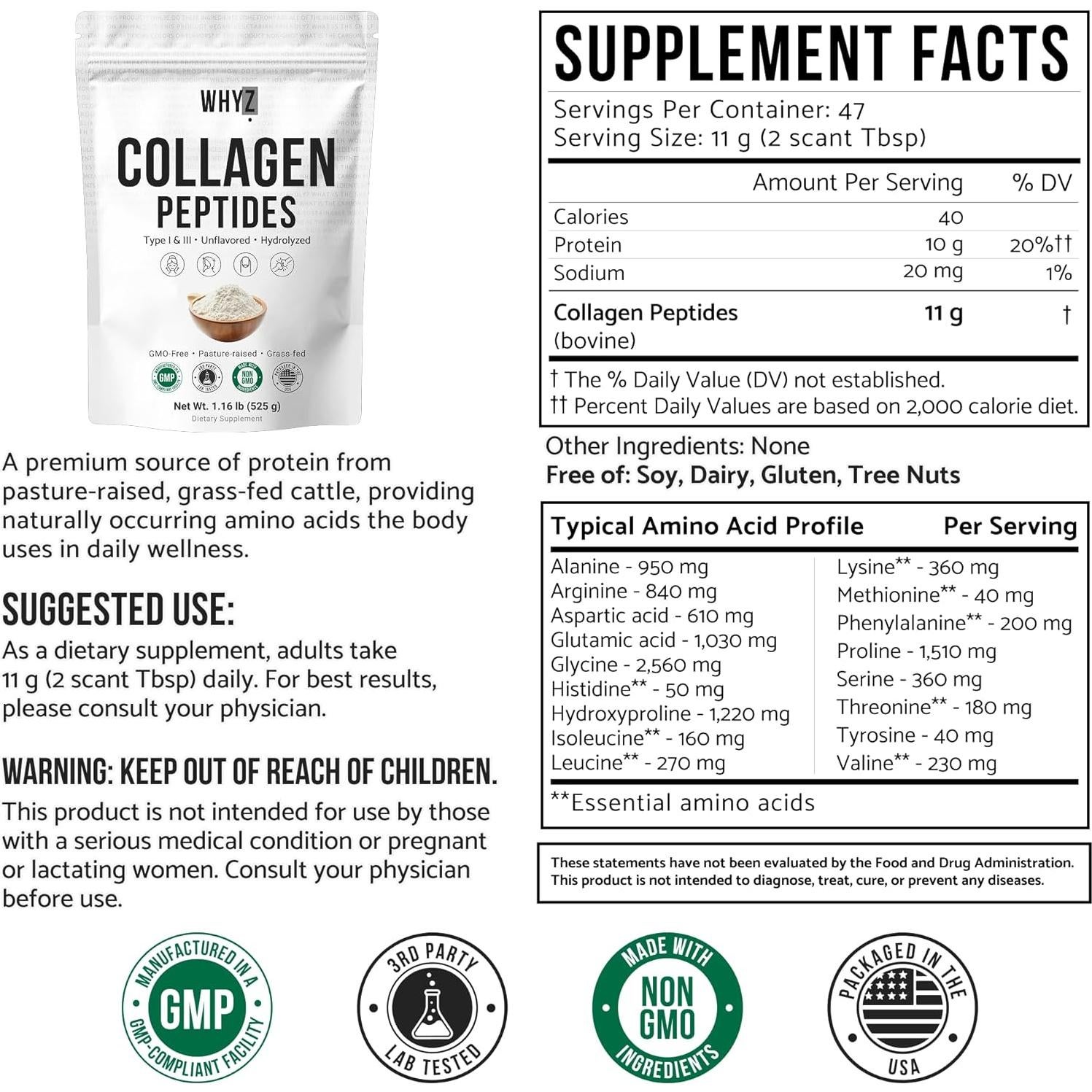 Polvo de Péptidos de Colágeno Bovino WHYZ 525g Sin Sabor