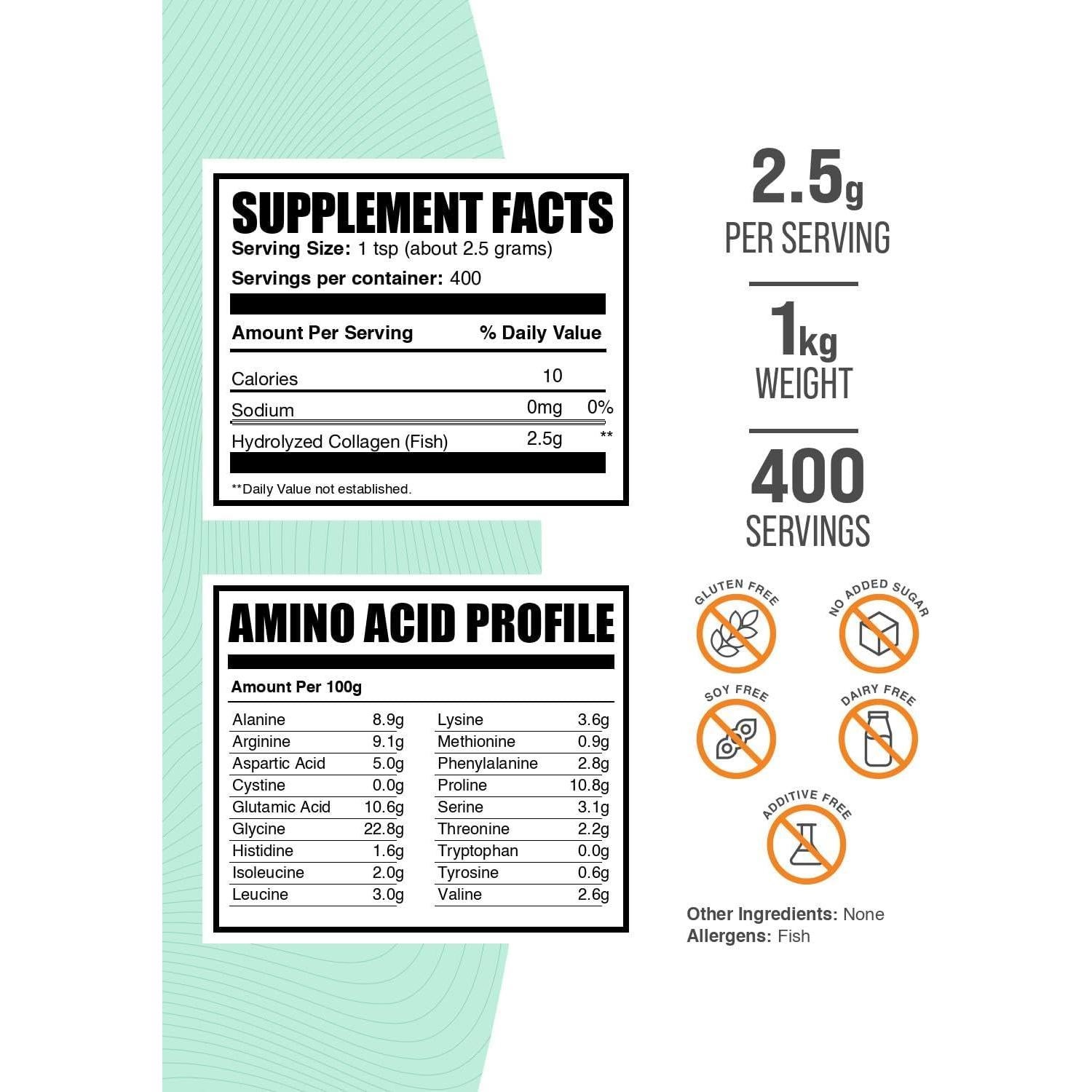 Polvo de Colágeno Marino BulkSupplements 1kg Hidrolizado