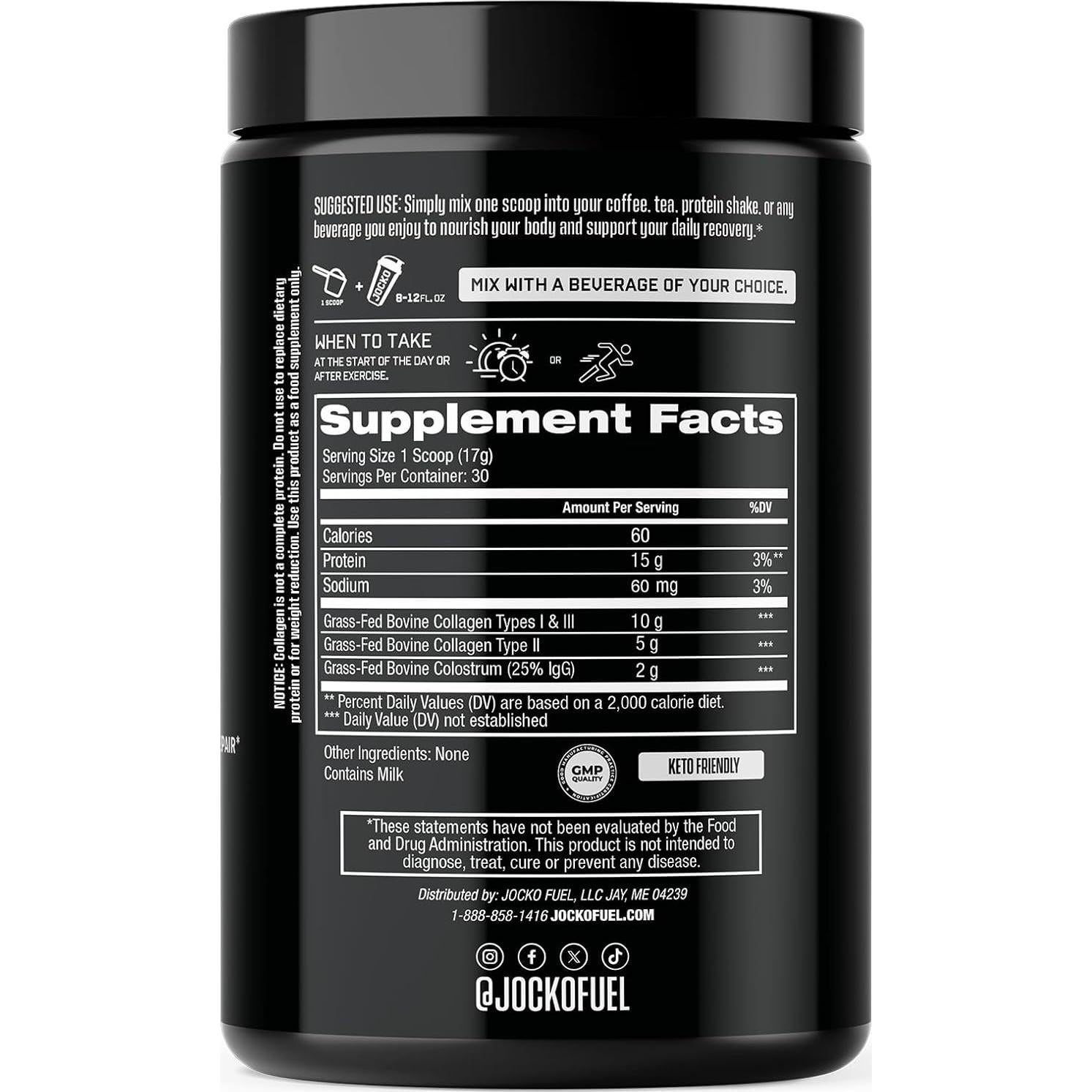 Jocko Fuel Polvo de Colágeno y Calostro 30 Porciones - 15g Colágeno Hidrolizado + 2g Calostro
