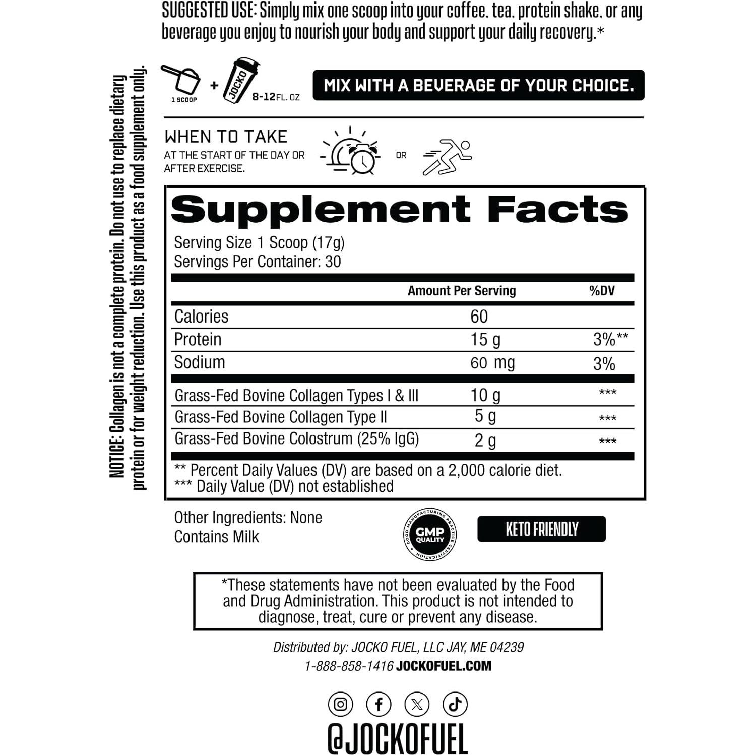 Jocko Fuel Polvo de Colágeno y Calostro 30 Porciones - 15g Colágeno Hidrolizado + 2g Calostro