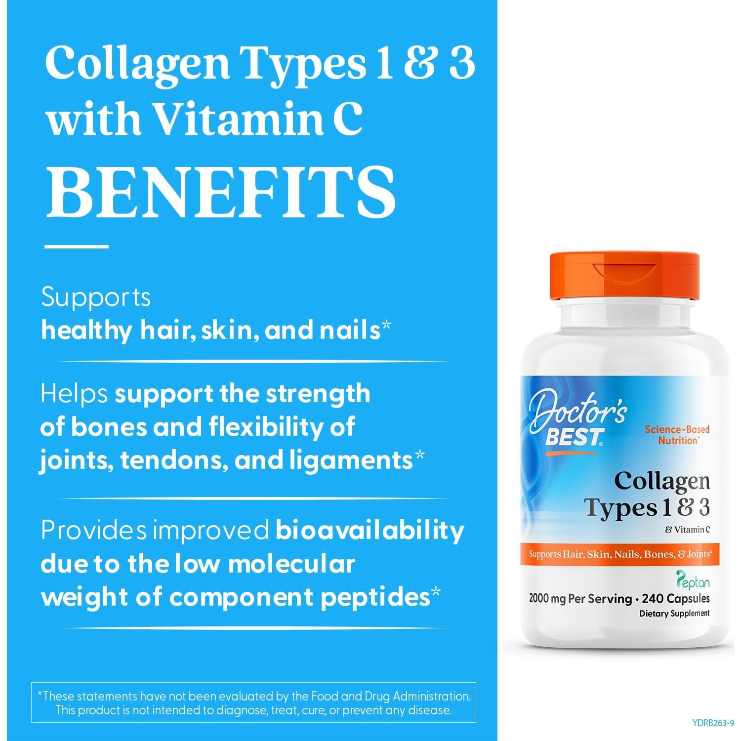 Colágeno Tipo 1 y 3 Doctor's Best con Vitamina C 240 Cápsulas