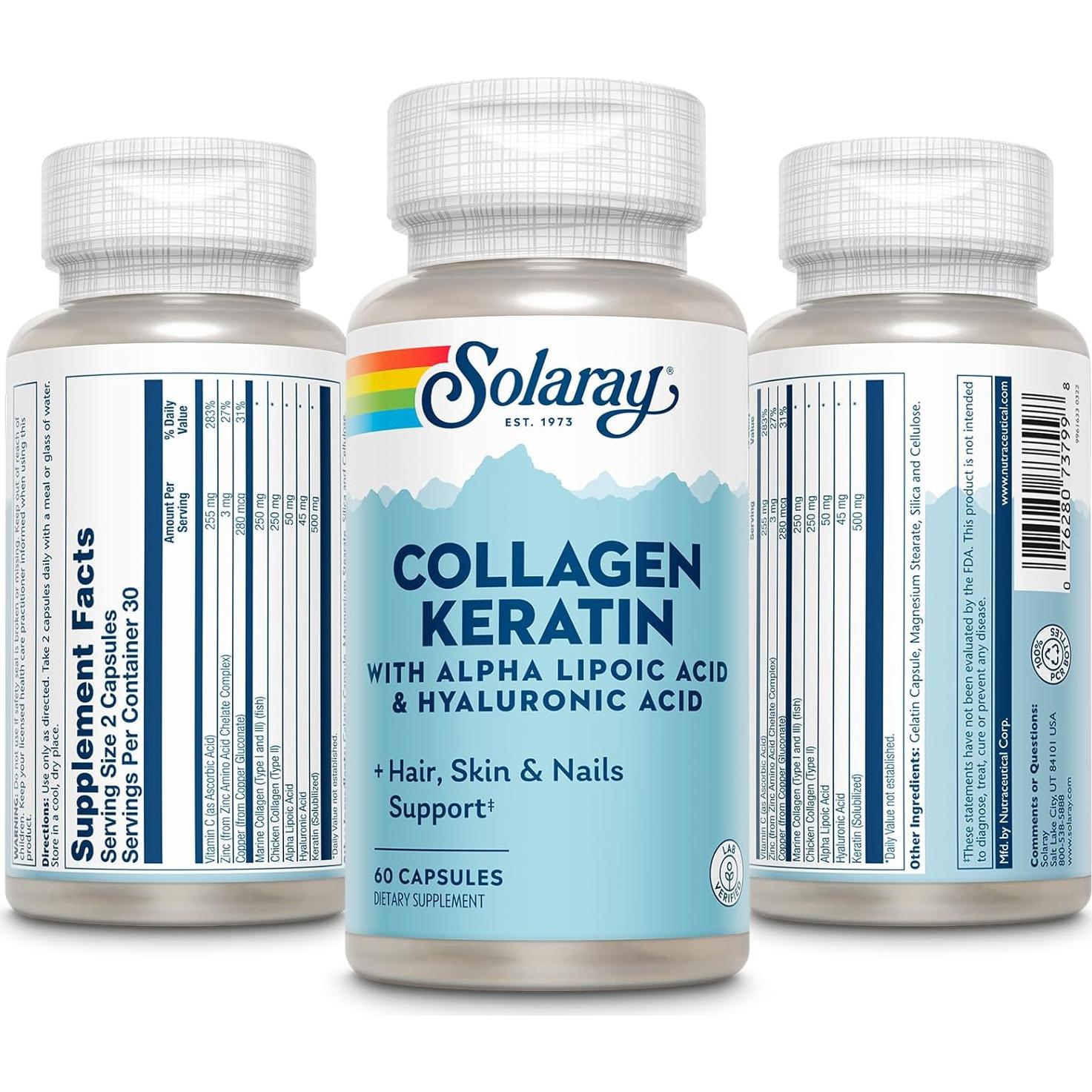 Cápsulas de Colágeno Queratina Solaray Tipo I, II y III - 60 Unidades