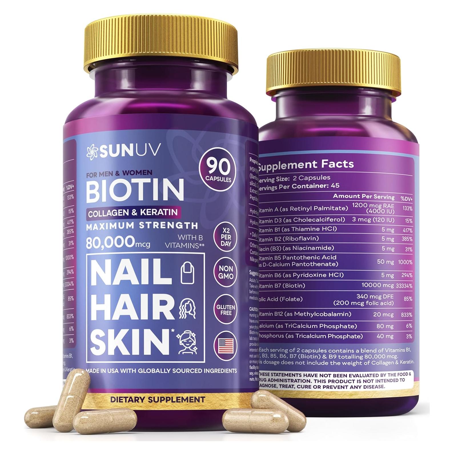 SUNUV Biotina 10,000mcg y Colágeno 80,000mcg - 90 Cápsulas