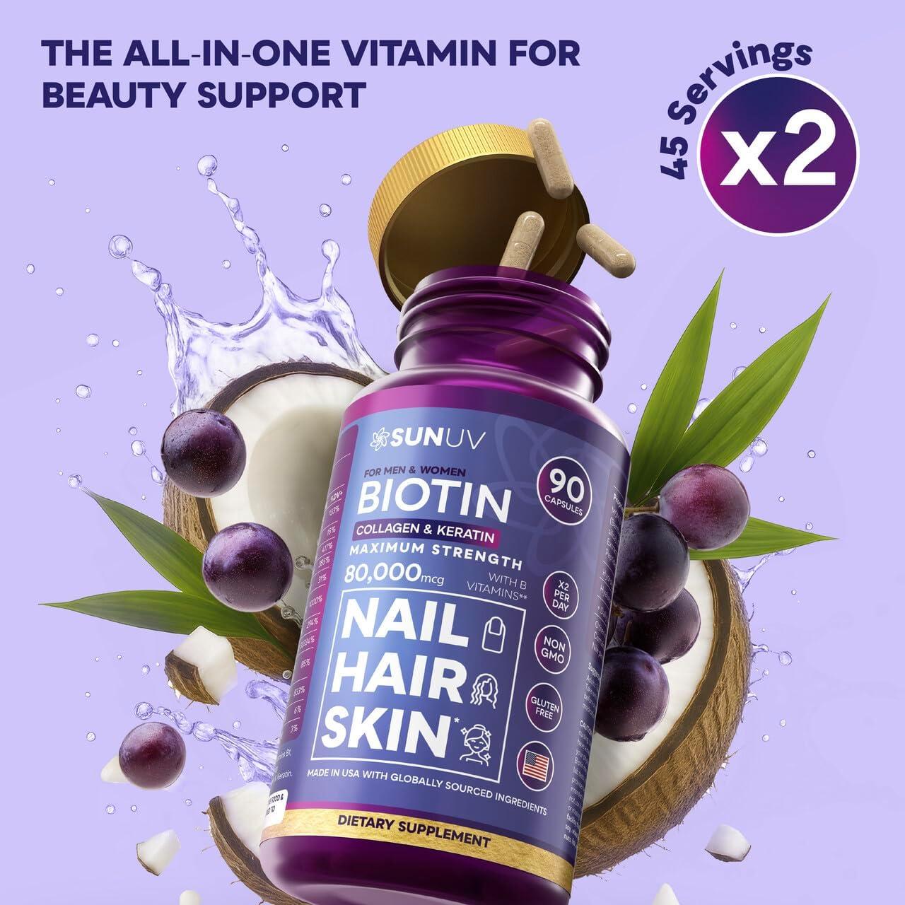 SUNUV Biotina 10,000mcg y Colágeno 80,000mcg - 90 Cápsulas