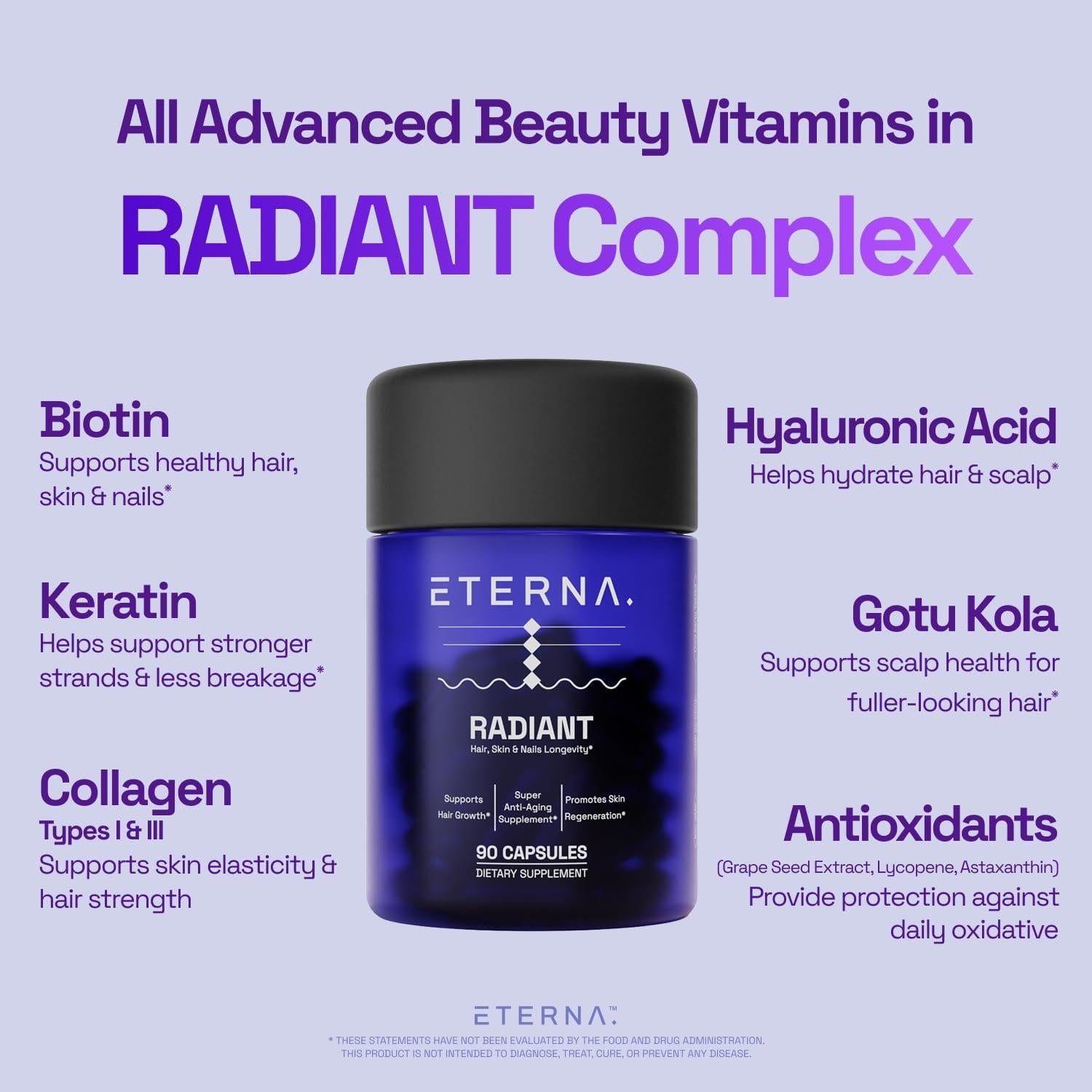 Suplemento ETERNA RADIANT para Crecimiento Cabello 10 en 1 - Biotina, Colágeno, Queratina