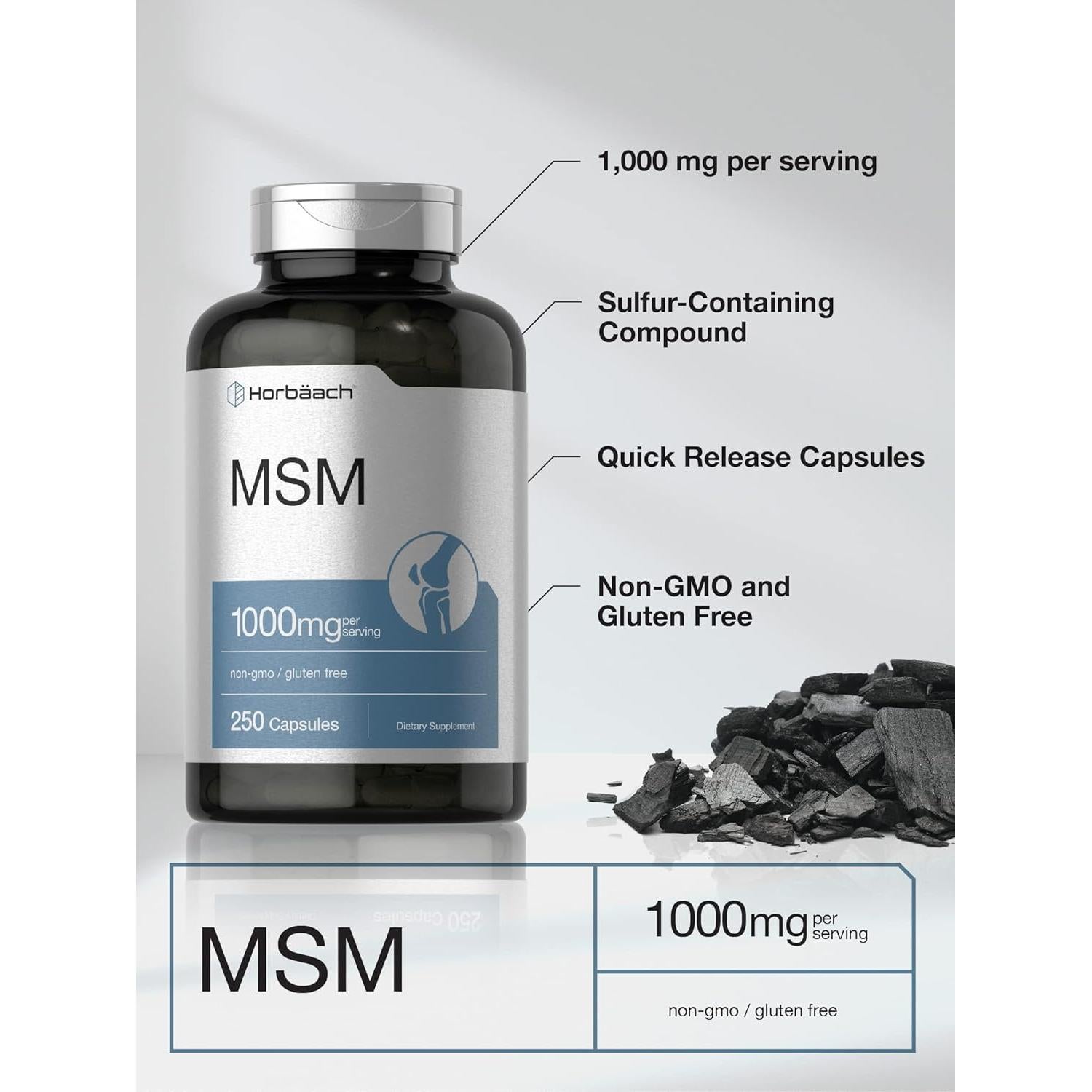 Cápsulas de Suplemento MSM Horbaach 1000mg 250 Conteo Sin OGM