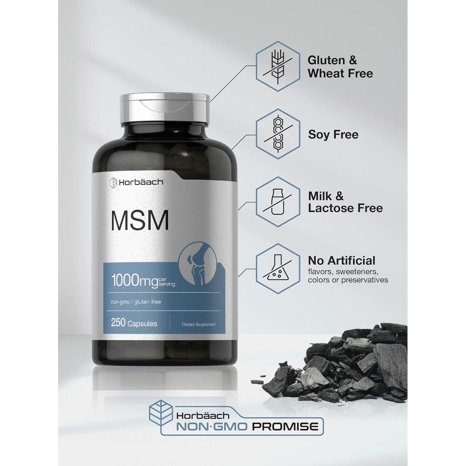 Cápsulas de Suplemento MSM Horbaach 1000mg 250 Conteo Sin OGM