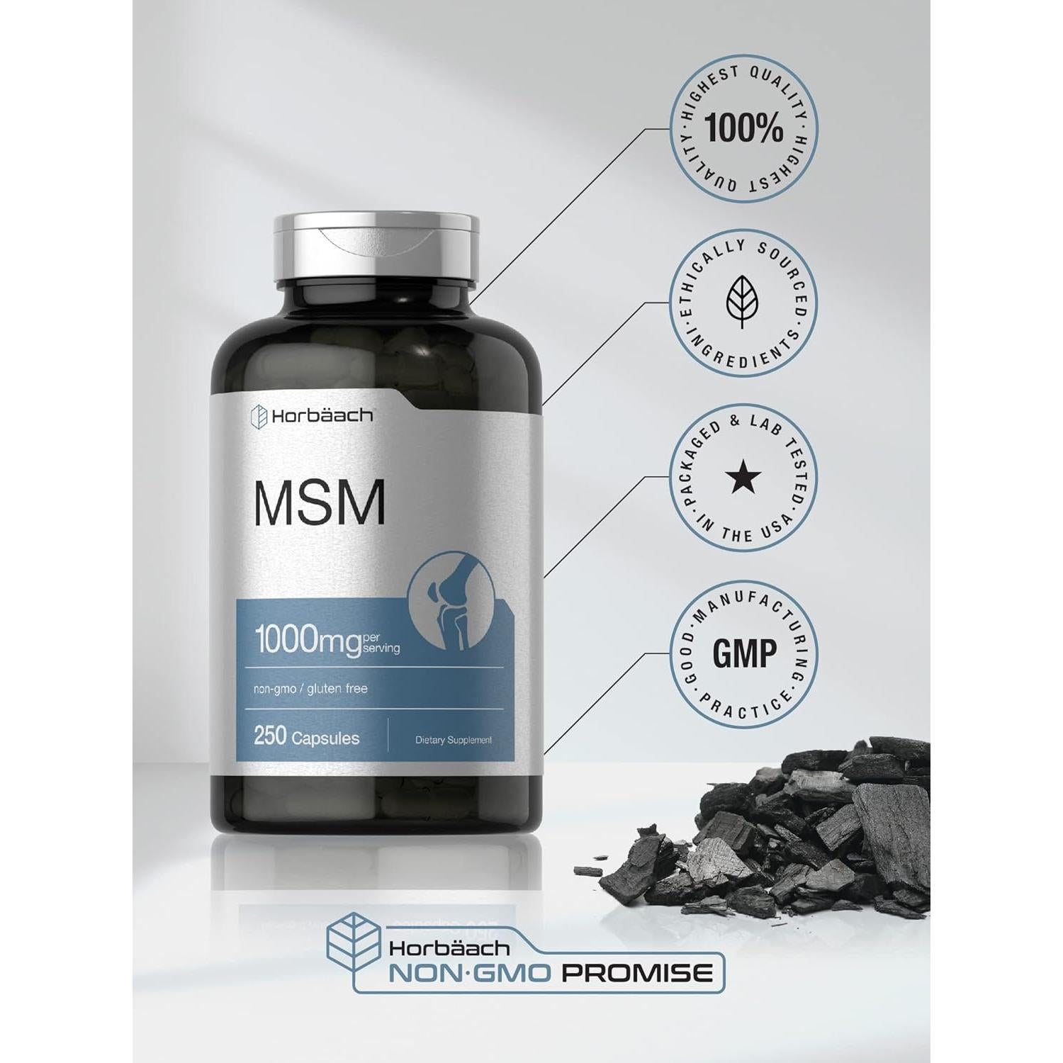 Cápsulas de Suplemento MSM Horbaach 1000mg 250 Conteo Sin OGM