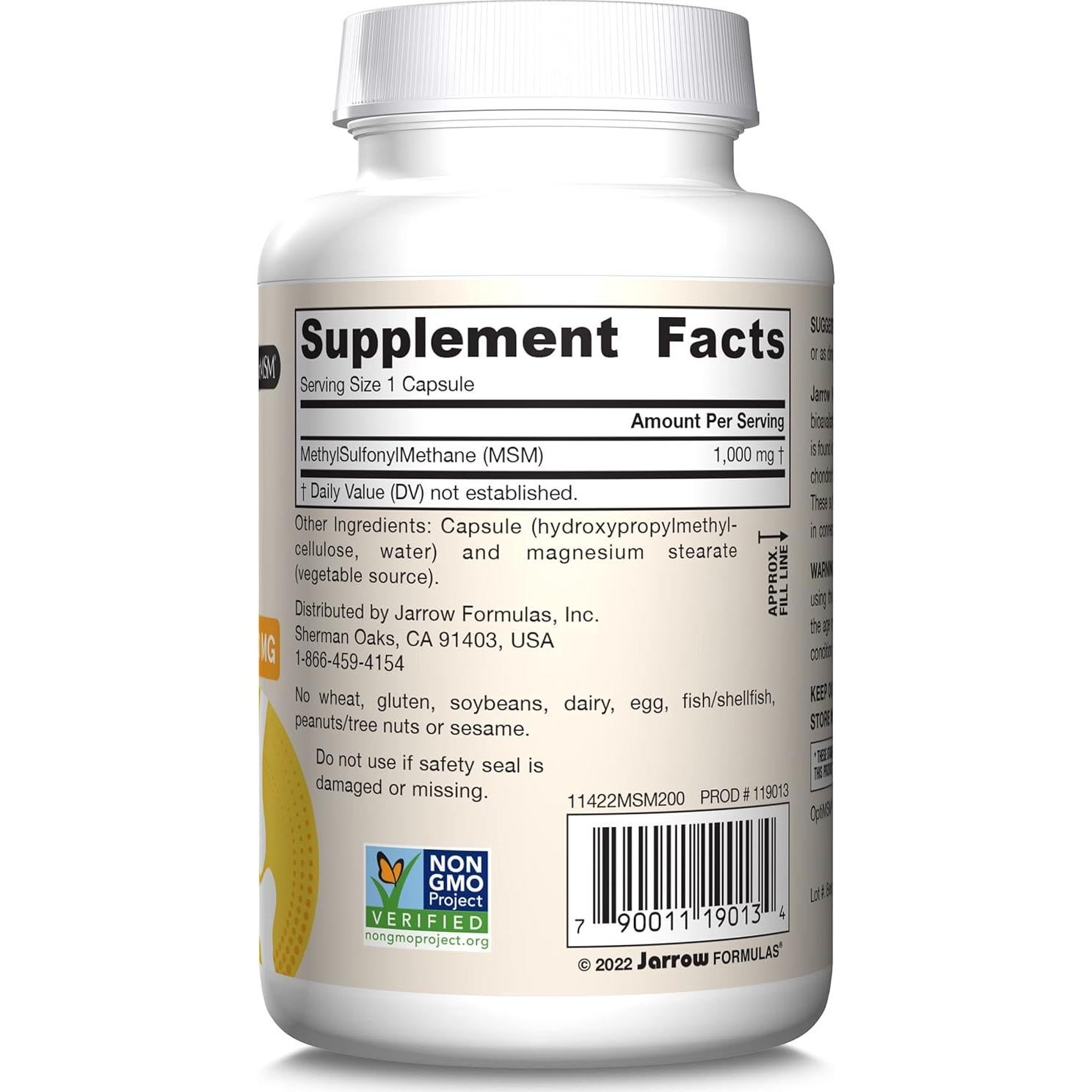 Suplemento Dietético Jarrow Formulas MSM 1000 mg - 200 Cápsulas Vegetales