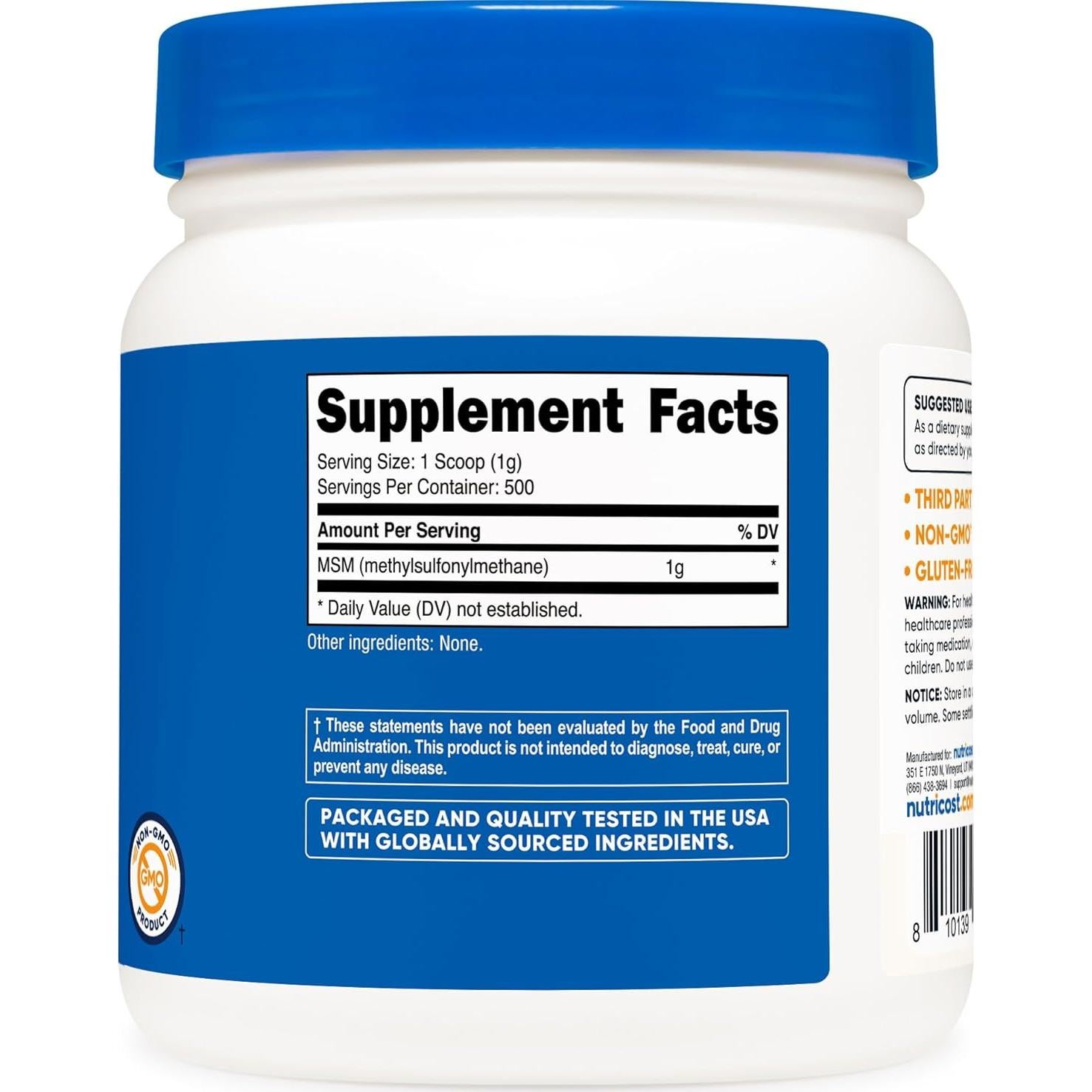 Polvo de MSM Puro Nutricost 500g - Metilsulfonilmetano