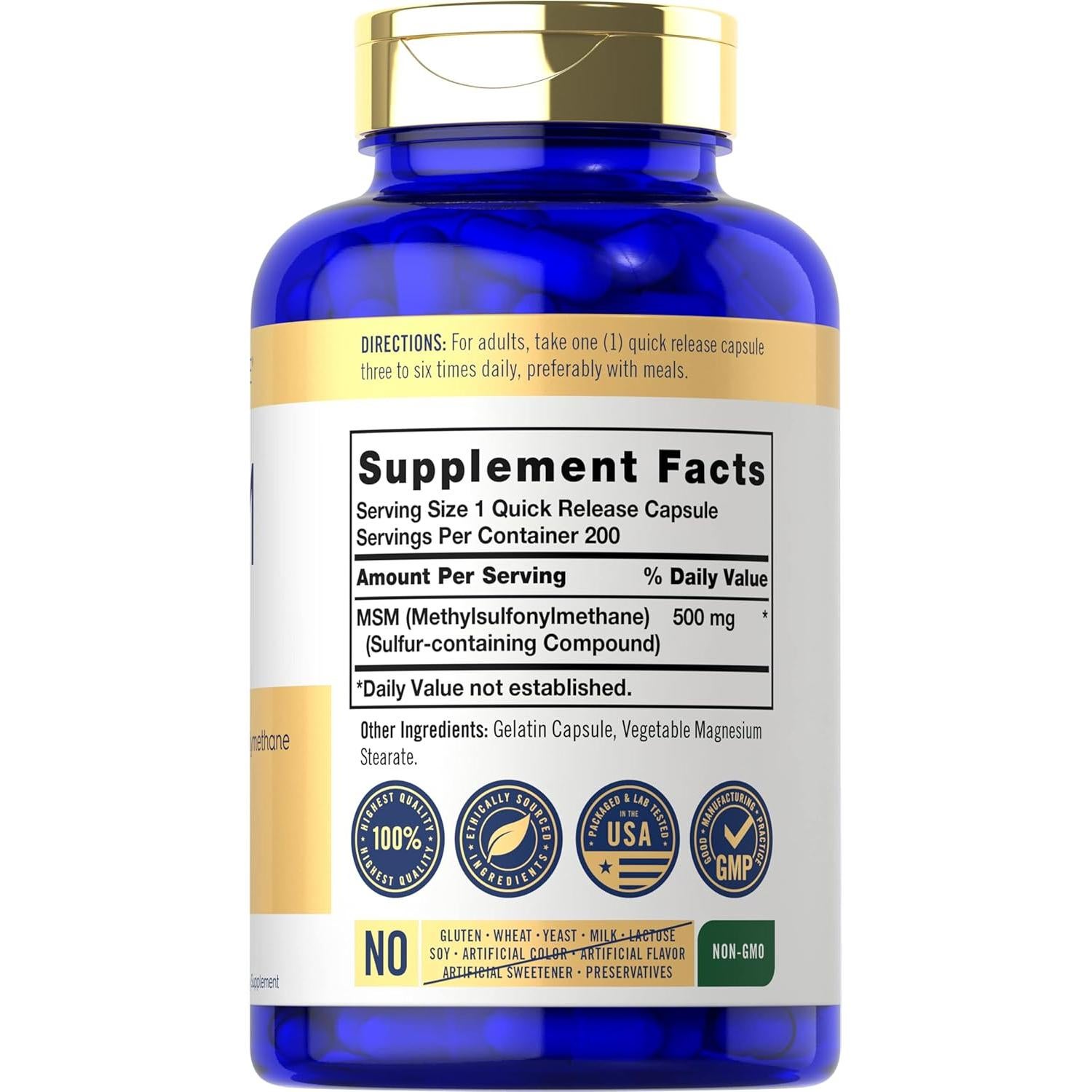 Cápsulas de Suplemento MSM Carlyle 500mg 200 Unidades Sin OGM