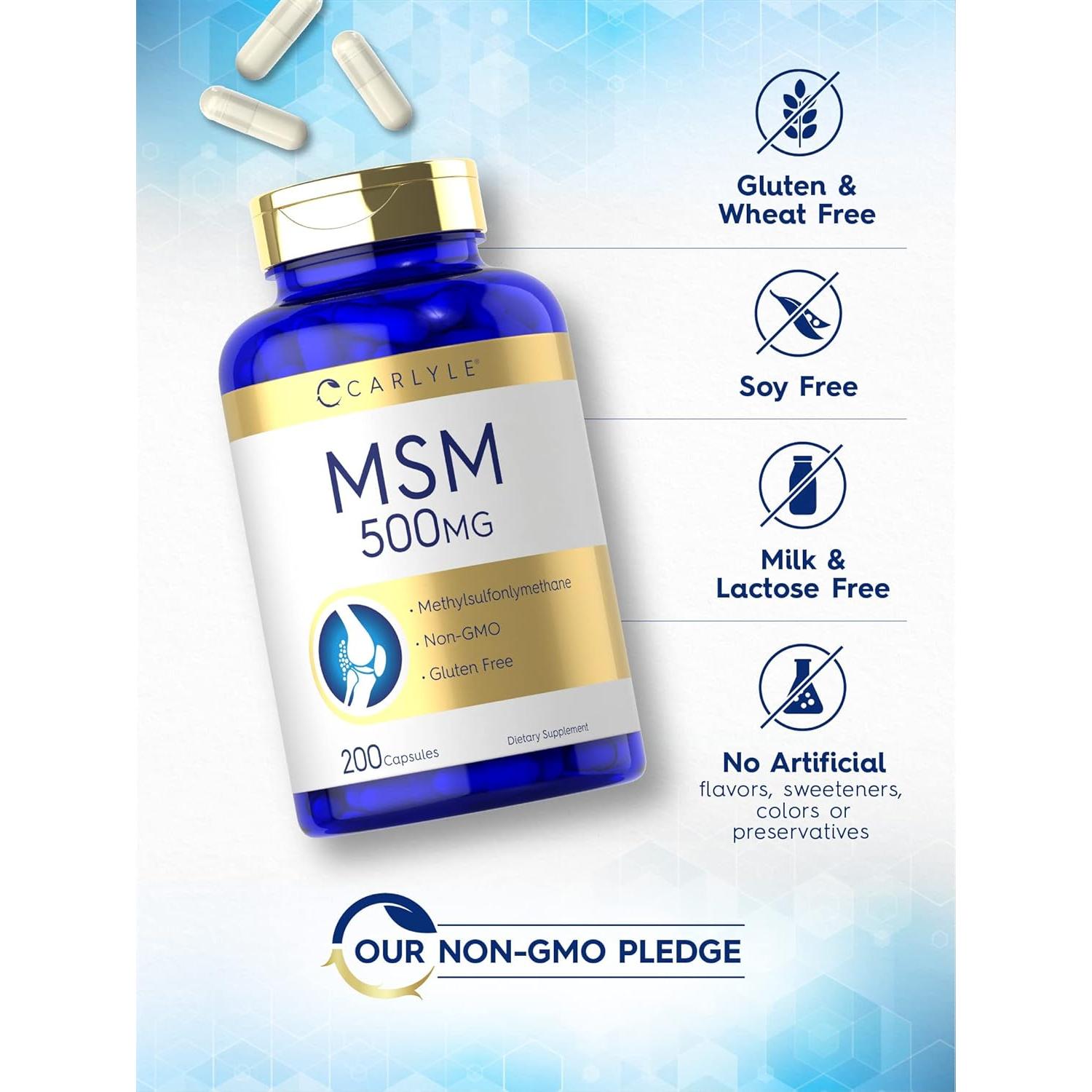 Cápsulas de Suplemento MSM Carlyle 500mg 200 Unidades Sin OGM